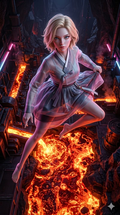 score_9, masterpiece, best quality, ultra-detailed, photorealistic 8k CG, hyper-detailed textures, ray-tracing, Caucasian (strictly human ears) woman. Extreme high angle shot as she leaps towards the camera, filling the frame. leaping over a river of
