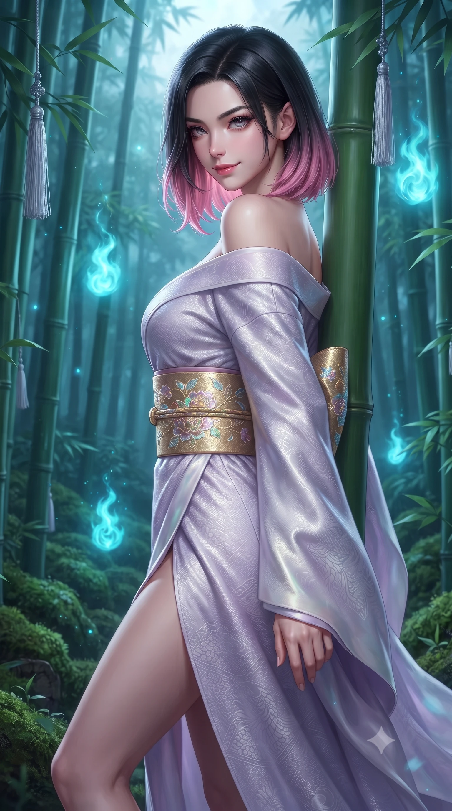 score_9, masterpiece, best quality, ultra-detailed, high-budget anime keyframe, editorial fashion photography, tasteful artistic composition, Korean woman. close-up cowboy shot from the waist and thighs up, the character dominates the composition, filling the frame with her large presence. turning over her shoulder with an indomitable, smoldering gaze, her soft hair framing her razor-sharp v-shaped jawline while resting against a smooth bamboo trunk with a playful, enigmatic smile as spirit wisps illuminate her lovely face. The surrounding environment is rendered in vivid detail and crisp panoramic clarity. intricate moss carpets, hanging silk tassels, and bamboo leaf venation in high resolution. She has an exceptionally elegant, slender, and willowy female figure with an ultra-slim waist, a gracefully sculpted slender torso, toned flat midriff, and a refined slim silhouette. sharp v-shaped jawline, high-bridge nose, intricate jewel-like eyes with depth, thick eyelashes, glossy lips with a natural sheen, captivating and magnetic expression, flawlessly proportioned anatomical accuracy, strict slender model proportions, natural body alignment, perfectly sculpted long slender limbs, ultra-slim waistline, clean dynamic posture without body distortion. wearing an off-shoulder celestial kimono gown with fluttering silk drapes and a high side slit in ethereal lilac mist and pearlescent white, made of rich textured jacquard silk with dragon scale weave, complemented by a wide metallic gold obi sash with holographic floral embroidery, the glove-like aerodynamic second-skin fit tightly clinging to her ultra-slender waist and athletic curves without adding bulk, accentuating her razor-sharp statuesque lines and slim hourglass silhouette. bathed in magical cyan spirit flame luminescence and soft moonlit fog fill. ultra-reflective glossy finish, specular highlights, rich textural contrasts, high-contrast stereoscopic depth, volumetric dynamic lighting, 2k, ultra detail, master piece, 9:16 ratio