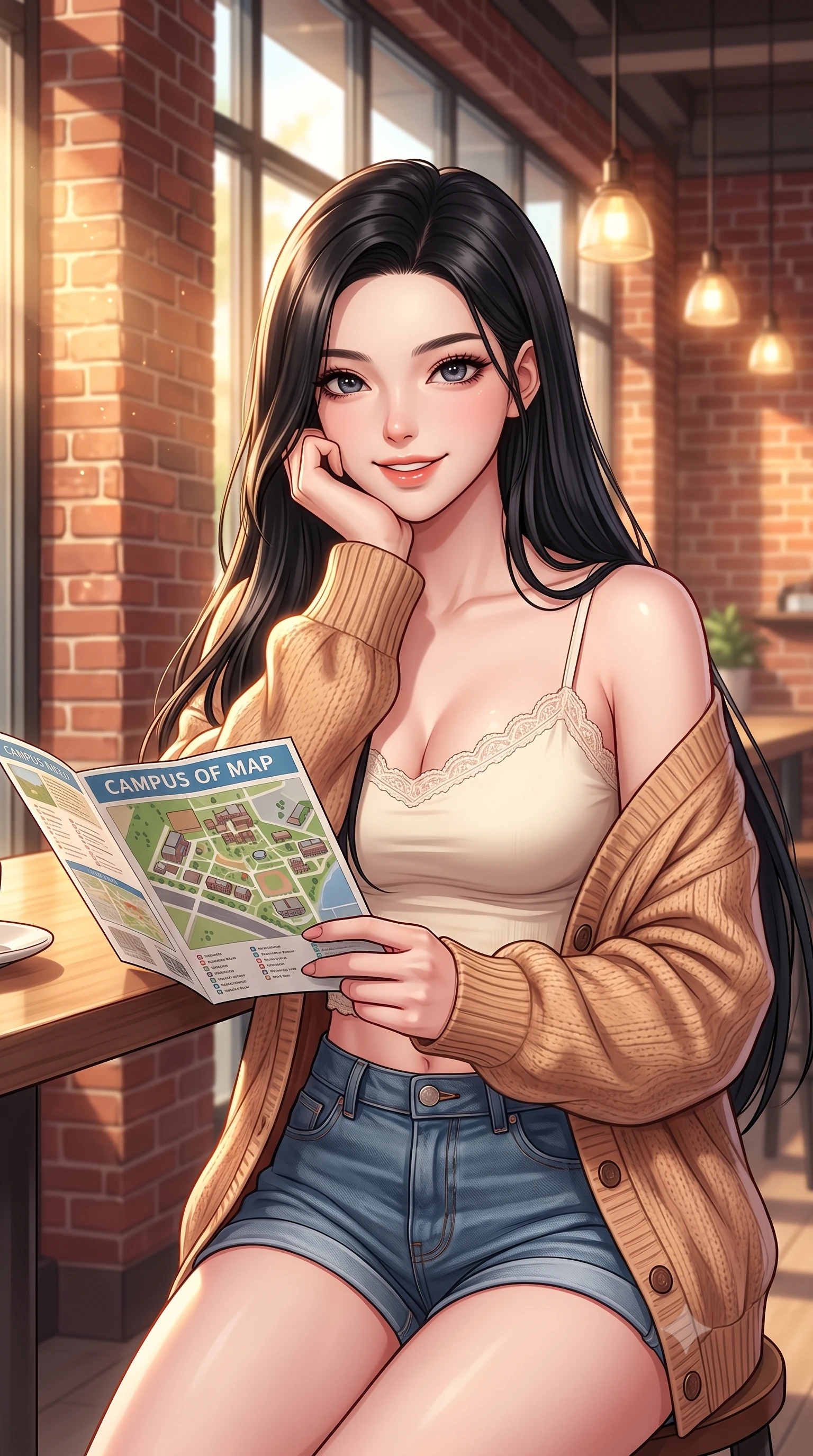 score_9, masterpiece, best quality, ultra-detailed, high-budget anime keyframe, editorial fashion photography, tasteful artistic composition, Korean woman. close-up cowboy shot from the waist and thighs up, the character dominates the composition, filling the frame with her large presence, background elements kept in soft focus. smiling cutely while resting her chin on her hand, looking directly into the lens set against a soft-focus background of in a cozy student union cafe with brick walls and warm hanging pendant lights looking at a campus map brochure with a cheerful, curious look. She has an exceptionally elegant, slender, and willowy female figure with an ultra-slim waist, a gracefully sculpted slender torso, and a refined silhouette. sharp v-shaped jawline, high-bridge nose, intricate jewel-like eyes with depth, thick eyelashes, glossy lips with a natural sheen. wearing slim-fit delicate lace-trim crop top in cream, worn under an open preppy cardigan and denim shorts. warm golden sunbeams reflecting off the red-brick walls and glass windows. highly saturated vibrant anime colors, detailed shading with soft gradients, rich glossy textures, high-contrast stereoscopic depth, volumetric dynamic lighting, master piece, 9:16 ratio