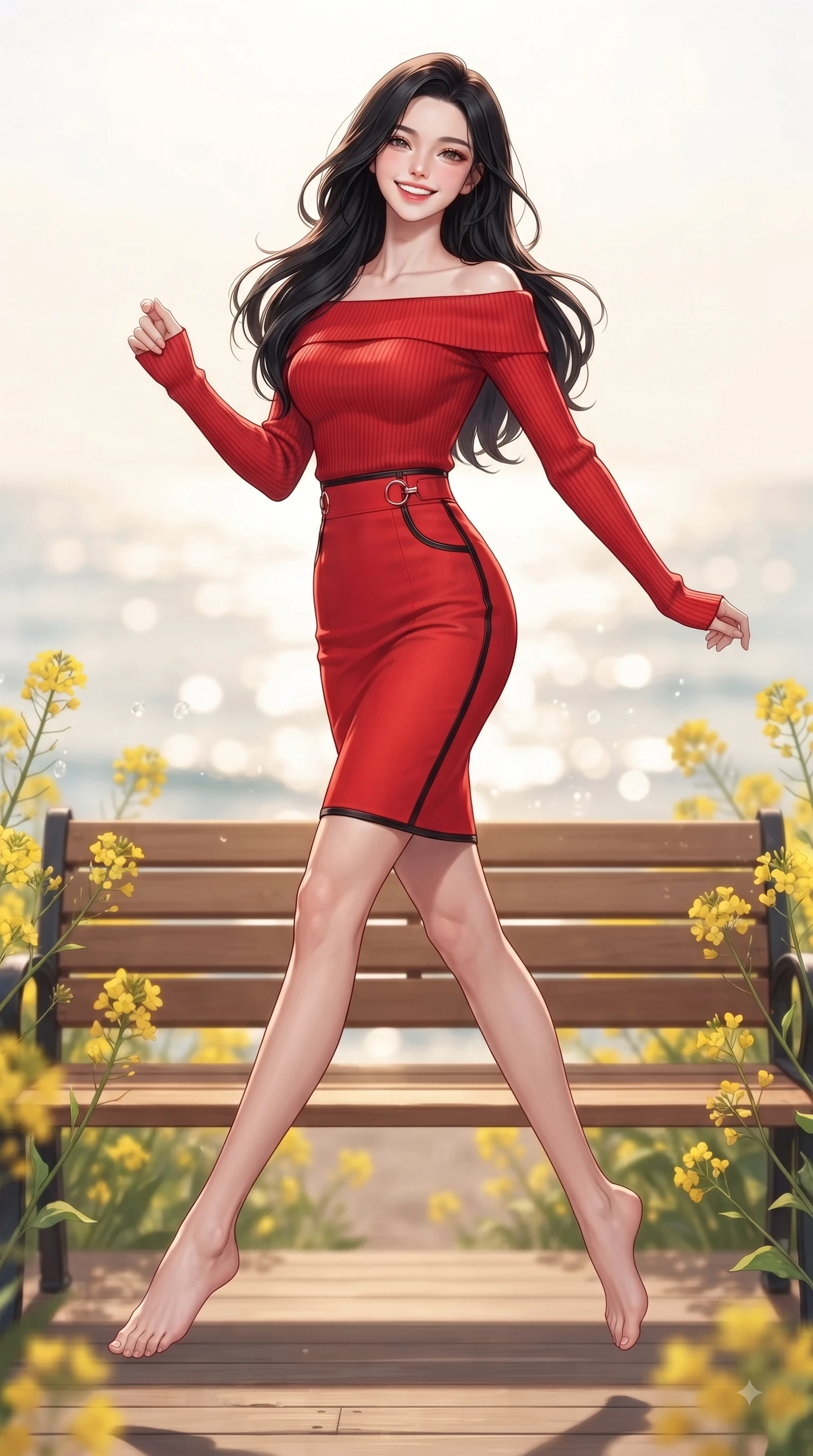 score_9, masterpiece, best quality, ultra-detailed, high-budget anime keyframe, editorial fashion photography, tasteful artistic composition, Korean woman. low angle full-body shot from head to toe showing her feet, filling the entire 9:16 vertical frame with her statuesque presence, stretching her vertical silhouette. leaping with pure youthful energy through the scene with a radiant bright smile, her long slender legs balanced gracefully while sitting playfully on a wooden bench framed by yellow canola flowers with a radiant smile. The composition keeps background elements in soft focus with dreamy bokeh. warm tropical ocean light reflecting off water droplets blurred into a soft backdrop. She has an absolutely perfect, statuesque 8.5-heads proportion, an exceptionally tall and slender model-like female figure with impossibly long slender legs and an ultra-slim waist. sharp v-shaped jawline, high-bridge nose, intricate jewel-like eyes with depth, thick eyelashes, glossy lips with a natural sheen, flawlessly proportioned anatomical accuracy, natural body alignment, perfectly sculpted elegant limbs, clean dynamic posture without body distortion. wearing a sleek off-shoulder ribbed sweater paired with a high-waisted fitted denim pencil skirt in vibrant scarlet red and sleek black trim, crafted from lightweight fluid chiffon, accented with subtle metallic ring hardware framing her waist, the glove-like fit emphasizing her statuesque silhouette during motion. surrounded by a fresh, sun-drenched, and relaxing vacation atmosphere. ultra-reflective glossy finish, specular highlights, metallic sheen, high-contrast stereoscopic depth, volumetric dynamic lighting, 2k, ultra detail, master piece, 9:16 ratio