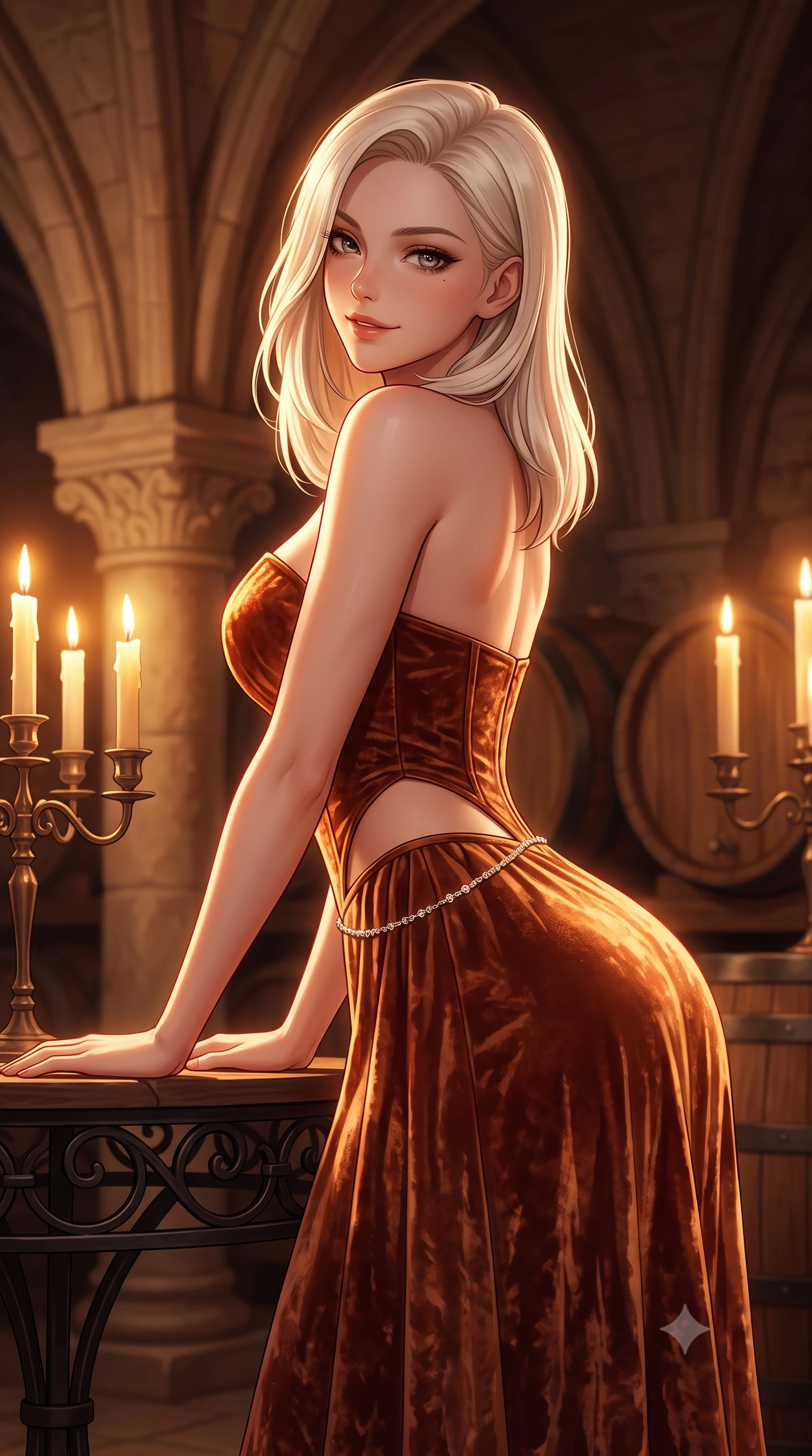 score_9, masterpiece, best quality, ultra-detailed, high-budget anime keyframe, semi-realistic 3D game render, editorial fashion photography, tasteful artistic composition, Caucasian woman. close-up cowboy shot from the waist and thighs up, the character dominates the composition, filling the frame with her large presence. turning over a bare shoulder with an intoxicating, teasing smile, her soft hair framing her sharp jawline as her hips angle gracefully while leaning forward against the wrought-iron cellar tasting table with hips cocked back, casting an alluring bedroom-glance through candlelight reflections. The composition keeps background elements in soft focus with creamy bokeh. towering carved limestone vaults and heavy oak cask silhouettes softened in atmospheric shallow focus. She has an exceptionally elegant, slender, and willowy female figure with an ultra-slim waist, a gracefully sculpted slender torso, toned flat midriff, and rounded feminine hips creating an alluring hourglass silhouette. sharp v-shaped jawline, high-bridge nose, intricate jewel-like eyes with depth, thick eyelashes, glossy parted lips with a natural sheen, intensely captivating and seductive bedroom-eyes expression, flawlessly proportioned anatomical accuracy, strict slender model proportions, natural body alignment, perfectly sculpted long slender limbs, ultra-slim waistline, clean dynamic posture without body distortion. wearing a deep sweetheart neckline crushed velvet corseted ballgown with an exposed midriff cutout in aged tawny port amber and molten copper, crafted from heavyweight crushed silk velvet with liquid vintage luster, accented with a dainty diamond waist chain catching the cellar candlelight, the liquid-tight tailored fabric clinging flawlessly to her narrow waist and rounded feminine hips, emphasizing every millimeter of her sculpted hourglass curves during movement. illuminated by rich specular rim lights defining her razor-sharp jawline, narrow waist, and curvy hips. highly saturated vibrant anime colors, detailed shading with soft gradients, rich glossy textures, high-contrast stereoscopic depth, volumetric dynamic lighting, master piece, 9:16 ratio