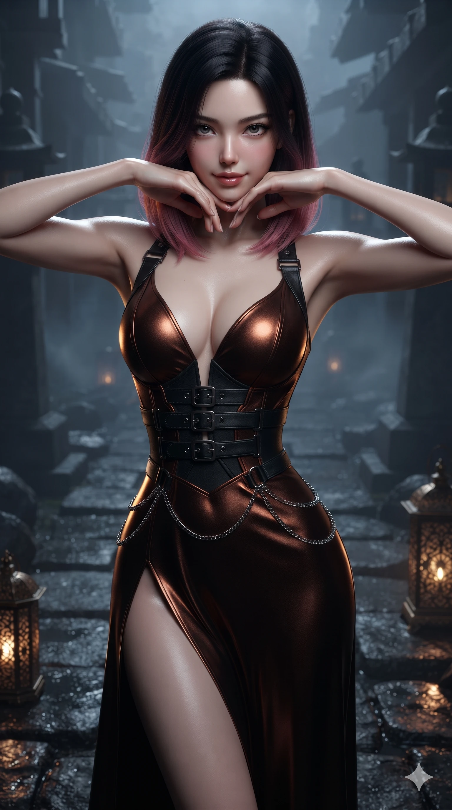 score_9, masterpiece, best quality, ultra-detailed, high-budget anime keyframe, editorial fashion photography, tasteful artistic composition, Korean woman. close-up cowboy shot from the waist and thighs up, the character dominates the composition, filling the frame with her large presence. resting her chin on the backs of her fingers with an air of effortless superiority and parted glossy lips while standing tall on the mist-shrouded stone pathway, arching her spine with sovereign siren grace as midnight sea winds whip through her hair. The surrounding environment is rendered in vivid detail and crisp panoramic clarity: sharp black lacquer gloss reflections, weathered granite pathway flags, and brass lantern filigree in deep focus. She has an exceptionally elegant, slender, and willowy female figure with an ultra-slim waist, flat toned midriff, narrow ribcage, and sculpted feminine hips creating an alluring, slim hourglass silhouette without bulk. sharp v-shaped jawline, high-bridge nose, intricate jewel-like dark sparkling eyes with hypnotic seductive depth, thick curled eyelashes, glossy parted lips with a natural wine sheen, alluring bedroom-eyes with an enigmatic smoldering smile, exuding magnetic sovereign charisma and dark avant-garde glamour, flawlessly proportioned anatomical accuracy, strict slender model proportions, natural body alignment, perfectly sculpted long slender limbs, ultra-slim waistline, clean dynamic posture without body distortion. wearing a low-cut gothic structured bodice gown with high leg slit in dark burnt copper and matte black, made of liquid dark mercury jersey with seamless sculpting hold and fluid drape, framed by dark titanium buckles and silver chain details, accentuating her gracefully sculpted slender torso and statuesque proportions. illuminated by wet stone ground bounce and sharp gold-amber rim lights sculpting her razor-sharp jawline, narrow waist, and curvy hips. ultra-reflective glossy finish, specular highlights, metallic sheen, high-contrast stereoscopic depth, volumetric dynamic lighting, 2k, ultra detail, master piece, 9:16 ratio
