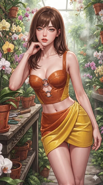 Korean woman. close-up cowboy shot from the waist and thighs up, the character dominates the composition, fi.