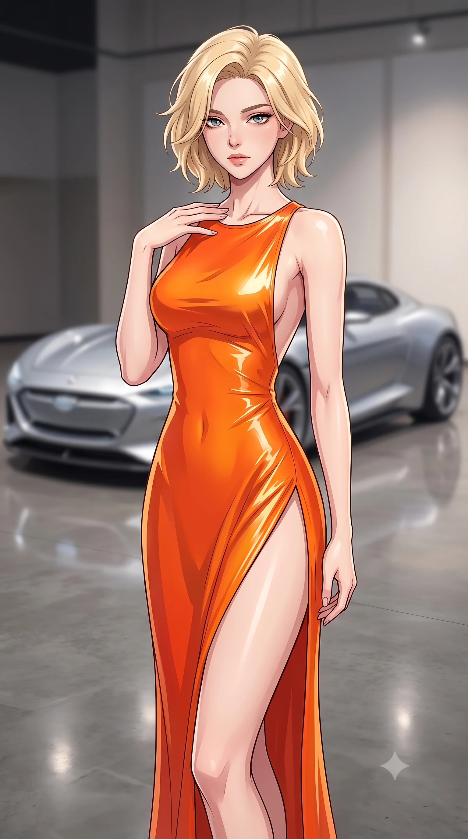 score_9, masterpiece, best quality, ultra-detailed, high-budget anime keyframe, tasteful artistic composition, Caucasian woman. close-up cowboy shot from the waist and thighs up, the character dominates the composition, filling the frame with her large presence, background elements kept in soft focus. standing with one hand resting on her collarbone, looking at the viewer with bedroom-eyes the background shows a soft-focus an indoor showroom with polished concrete floors reflecting a silver concept car. She has an exceptionally elegant, slender, and willowy female figure with an ultra-slim waist, a gracefully sculpted slender torso, and a refined silhouette. sharp v-shaped jawline, high-bridge nose, intricate jewel-like eyes with depth, thick eyelashes, glossy lips with a natural sheen. wearing a slim-fit high-slit resort gown in sunset orange chiffon, featuring a daring thigh-slit and open back. soft spotlighting highlighting the metallic sheen and glossy finish of the outfit. highly saturated vibrant anime colors, cel-shading, 2d style, master piece, 9:16 ratio