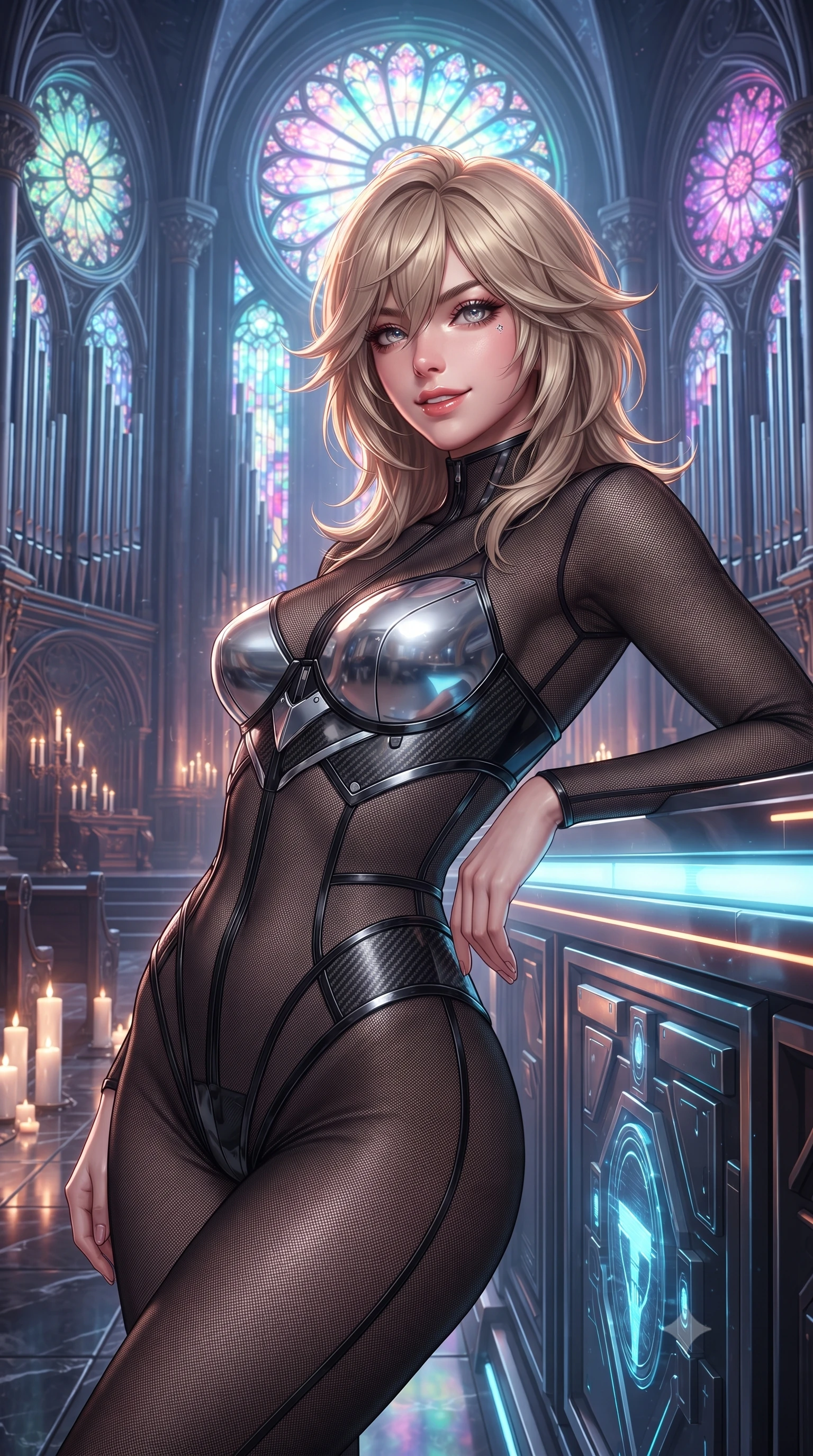 score_9, masterpiece, best quality, ultra-detailed, high-budget anime keyframe, editorial fashion photography, tasteful artistic composition, Japanese woman. close-up cowboy shot from the waist and thighs up, the character dominates the composition, filling the frame with her large presence. leaning back against the glowing maintenance bulkhead with relaxed seductive grace, her flat midriff and narrow waist highlighted as laser ambient light traces her curves while standing centered in the soaring nave beneath monumental holographic rose windows, arching her spine with divine cybernetic majesty. The surrounding environment is rendered in vivid detail and crisp panoramic clarity: sharp chrome organ pipe bevels, laser diode projector lenses, and black marble mosaic floor reflections in deep focus. She has an exceptionally elegant, slender, and willowy female figure with an ultra-slim waist, flat toned midriff, narrow ribcage, and sculpted feminine hips creating an alluring, slim hourglass silhouette without bulk. sharp v-shaped jawline, high-bridge nose, intricate jewel-like sparkling eyes with depth, thick eyelashes, glossy parted lips with a natural sheen, bright confident smile with an enchanting and coquettish sensual glint, exuding both youthful magnetic charm and sovereign high-tech allure, flawlessly proportioned anatomical accuracy, strict slender model proportions, natural body alignment, perfectly sculpted long slender limbs, ultra-slim waistline, clean dynamic posture without body distortion. wearing a semi-translucent smoke-black mesh tactical catsuit with reinforced carbon-fiber bustier plating in liquid chrome silver and pitch black, crafted from lightweight aerodynamic matte carbon-fiber weave with structural stiffness, finished with delicate carbon-fiber boning framing the narrow waistline, the form-contouring cut accentuating her sculpted flat midriff, narrow delicate ribcage, and gracefully curvy hips with cybernetic supermodel precision. illuminated by altar floor candle LEDs and sharp gold-and-violet rim lighting sculpting her razor-sharp jawline, narrow waist, and curvy hips. ultra-reflective glossy finish, specular highlights, rich textural contrasts, high-contrast stereoscopic depth, volumetric dynamic lighting, 2k, ultra detail, master piece, 9:16 ratio