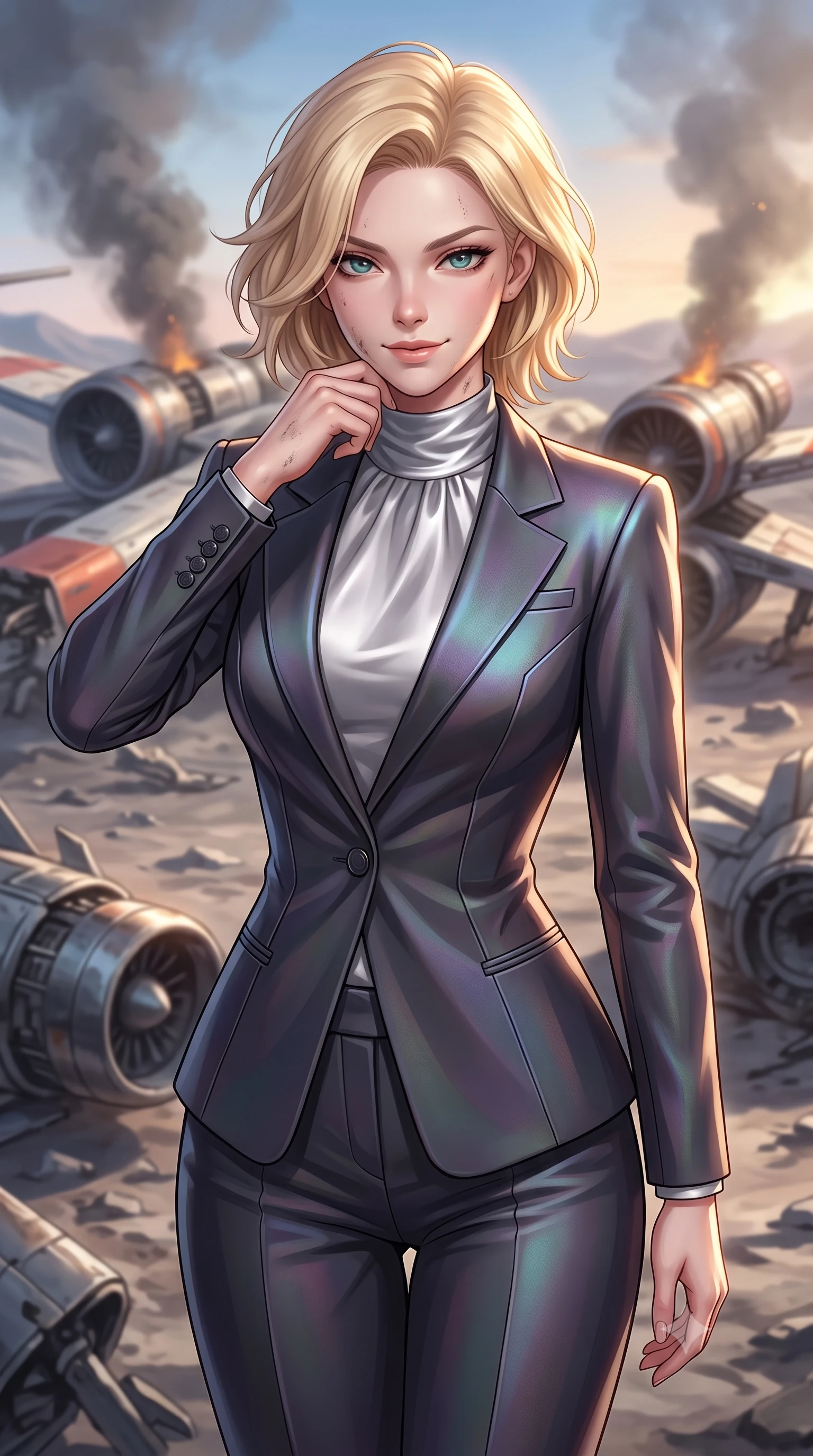 score_9, masterpiece, best quality, ultra-detailed, high-budget anime keyframe, editorial fashion photography, tasteful artistic composition, Caucasian woman, strictly human ears. close-up cowboy shot from the waist and thighs up, the character dominates the composition, filling the frame with her large presence, background elements kept in soft focus. Defiantly wiping oil and stardust from her jawline with a confident, victorious smirk. set against a soft-focus background of a planetary moon surface littered with the wreckage of starfighters, smoke still rising from some engines. She has an exceptionally elegant and slender, willowy female figure with an ultra-slim waist, a gracefully sculpted slender torso, and a refined slim physique. sharp v-shaped jawline, high-bridge nose, intricate jewel-like eyes with depth, thick eyelashes, glossy lips with a natural sheen. wearing tailored for maximum mobility, sleek form-contouring panels that allow fluid movement, a tailored structured corporate executive blazer in iridescent charcoal, featuring geometric lapels, worn over a silver satin high-neck blouse and tailored pants. highly saturated vibrant anime colors, intense vivid color palette, soft 3D volumetric shading, volumetric dynamic lighting, sunset lighting filtering through battle smoke and metallic debris. 2k, ultra detail, master piece, 9:16 ratio