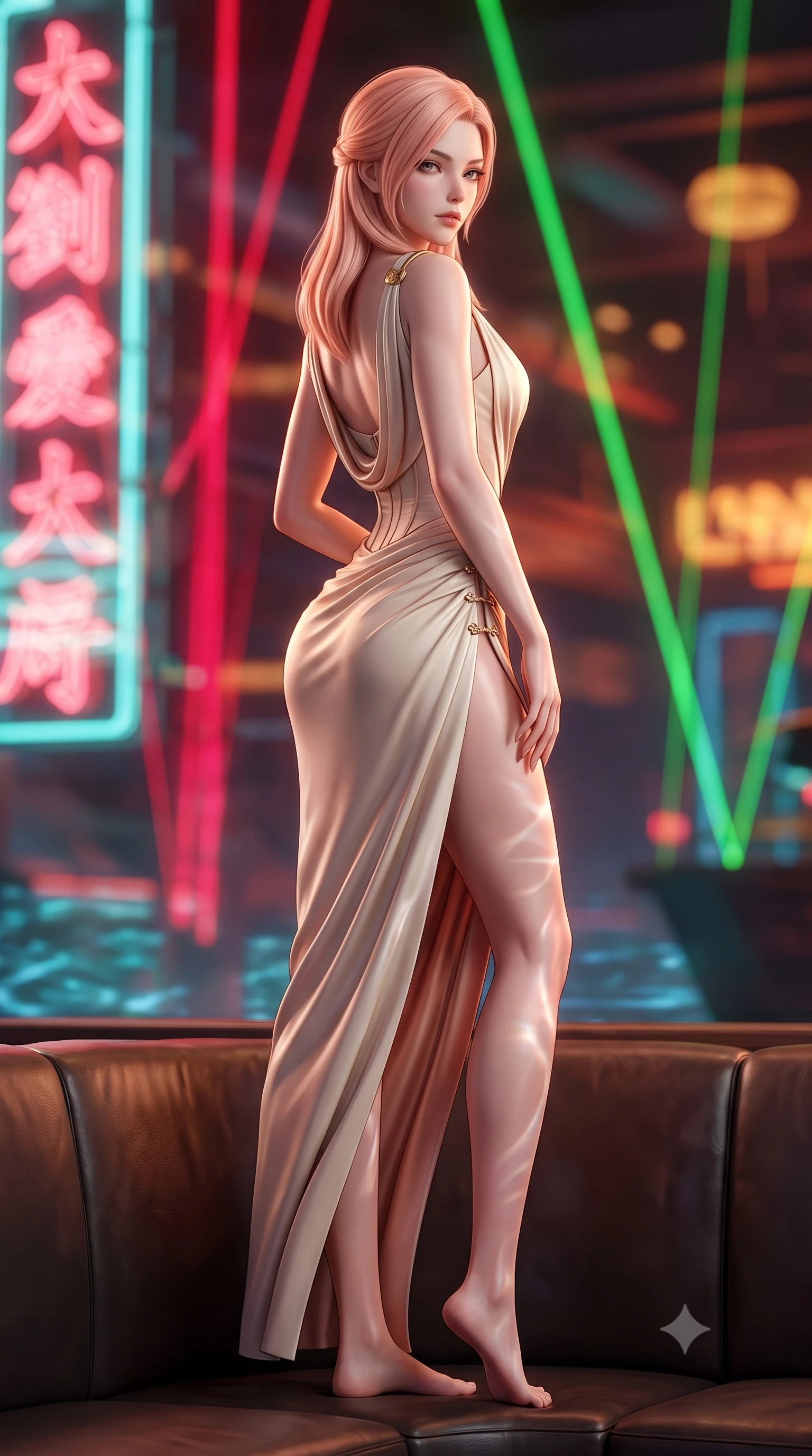 score_9, masterpiece, best quality, ultra-detailed, high-budget anime keyframe, semi-realistic 3D game render, editorial fashion photography, tasteful artistic composition, Japanese woman. low angle full-body shot from head to toe showing her feet, filling the entire 9:16 vertical frame with her statuesque presence, stretching her vertical silhouette. posing with back turned slightly to the lens, glancing back with smoldering allure as she arches her lower back to emphasize her sculpted feminine hips and slender waist while reclining on a low leather booth aboard the floating salon, her slender waist and curved hips sculpted by harbor chiaroscuro and neon reflections. The composition keeps background elements in soft focus with creamy bokeh. swirling vertical kanji neon signs and harbor laser displays blurred into hot crimson, laser emerald, and amber bokeh. She has an exceptionally tall and slender model-like 8.5-heads proportion, an ultra-slim waist, a flat toned midriff, narrow delicate ribcage, and beautifully sculpted feminine hips creating a graceful, slim hourglass silhouette without any bulky heaviness, with impossibly long slender legs. sharp v-shaped jawline, high-bridge nose, intricate jewel-like eyes with depth, thick eyelashes, glossy parted lips with a natural sheen, intensely captivating and seductive bedroom-eyes expression, flawlessly proportioned anatomical accuracy, strict slender model proportions, natural body alignment, perfectly sculpted long slender limbs, ultra-slim waistline, clean dynamic posture without body distortion. wearing a high-slit Grecian goddess draped gown with asymmetrical gold shoulder clasps and hip gathering in vintage champagne ivory and delicate rose gold, made of fluid silk crepe with delicate inner corsetry boning, finished with an ultra-high side slit secured by miniature jeweled clasps, the precision-cut side openings and low-back scoop framing her graceful spine and the sensual sweep of her slim, toned hips. illuminated by rippling harbor water specular reflections accentuating her sculpted midriff, narrow waist, and curvy hips. highly saturated vibrant anime colors, detailed shading with soft gradients, rich glossy textures, high-contrast stereoscopic depth, volumetric dynamic lighting, master piece, 9:16 ratio
