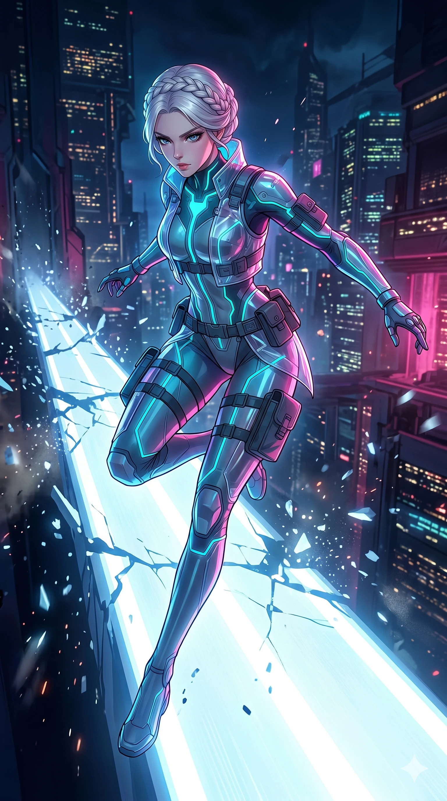 score_9, masterpiece, best quality, ultra-detailed, high-budget anime movie keyframe, cinematic anime lighting, intricate line art, Korean woman. Mid-air action shot capturing a graceful twist and vertical silhouette. dashing across a bridge of light as it collapses behind her. She has an absolutely perfect 8-heads proportion, an exceptionally tall and slender female figure with an ultra-slim waist and impossibly long slender legs. strictly human anatomy, two legs only, no extra limbs, clearly defined legs and arms, perfect anatomy, perfect hands and fingers. sharp v-shaped jawline, high-bridge nose, intricate jewel-like eyes, thick eyelashes, glossy lips. Wearing Tech-Fantasy: Cybernetic tech-suit with glowing seams, translucent PVC over leotard, and modular tactical gear. The scene is illuminated by dramatic atmospheric lighting and vibrant color palettes. , 2k, ultra detail, master piece, 9:16 ratio