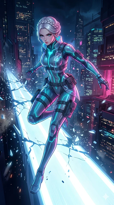 score_9, masterpiece, best quality, ultra-detailed, high-budget anime movie keyframe, cinematic anime lighting, intricate line art, Korean woman. Mid-air action shot capturing a graceful twist and vertical silhouette. dashing across a bridge of light