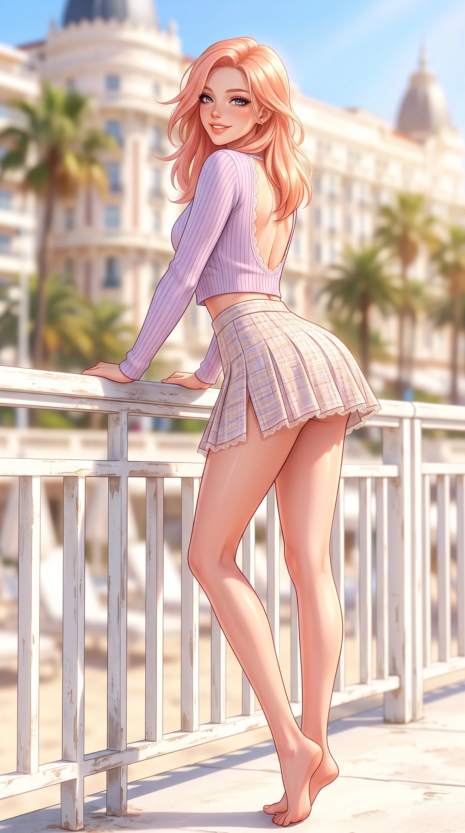 score_9, masterpiece, best quality, ultra-detailed, high-budget anime keyframe, semi-realistic 3D game render, editorial fashion photography, tasteful artistic composition, Japanese woman. low angle full-body shot from head to toe showing her feet, filling the entire 9:16 vertical frame with her statuesque presence, stretching her vertical silhouette. leaning deep against the sunlit architecture with hips cocked back in a cute yet unapologetically alluring high-fashion stance, flashing a warm beaming smile while leaning against the white beach club railing with hips cocked back, looking over her shoulder with an alluring, sun-dazed bedroom-gaze. The composition keeps background elements in soft focus with dreamy creamy bokeh. luxury Croisette palace hotels and palm boulevards softened in glamorous French Riviera shallow focus. She has an exceptionally tall and slender model-like 8.5-heads proportion, an ultra-slim waist, a flat toned midriff, narrow delicate ribcage, and beautifully sculpted feminine hips creating a graceful, slim hourglass silhouette without any bulky heaviness, with impossibly long slender legs. sharp v-shaped jawline, high-bridge nose, intricate jewel-like sparkling eyes with depth, thick eyelashes, glossy parted lips with a natural peach sheen, bright cheerful beaming smile with an enchanting and coquettish sensual glint, exuding both youthful cute charm and seductive allure, flawlessly proportioned anatomical accuracy, strict slender model proportions, natural body alignment, perfectly sculpted long slender limbs, ultra-slim waistline, clean dynamic posture without body distortion. wearing a cropped pastel ribbed knit cardigan paired with an ultra-short high-waisted pleated tennis skirt clinging tightly to her curvy hips in soft lilac and champagne shimmer, tailored from soft pastel tweed with subtle metallic shimmer, finished with delicate lace scallop edging along the neckline, the precision-cut side openings and low-back scoop framing her graceful spine and the sensual sweep of her slim, toned hips. bathed in brilliant midday Mediterranean golden sunlight and bright white sand bounce fill. highly saturated vibrant anime colors, detailed shading with soft gradients, rich glossy textures, high-contrast stereoscopic depth, volumetric dynamic lighting, master piece, 9:16 ratio