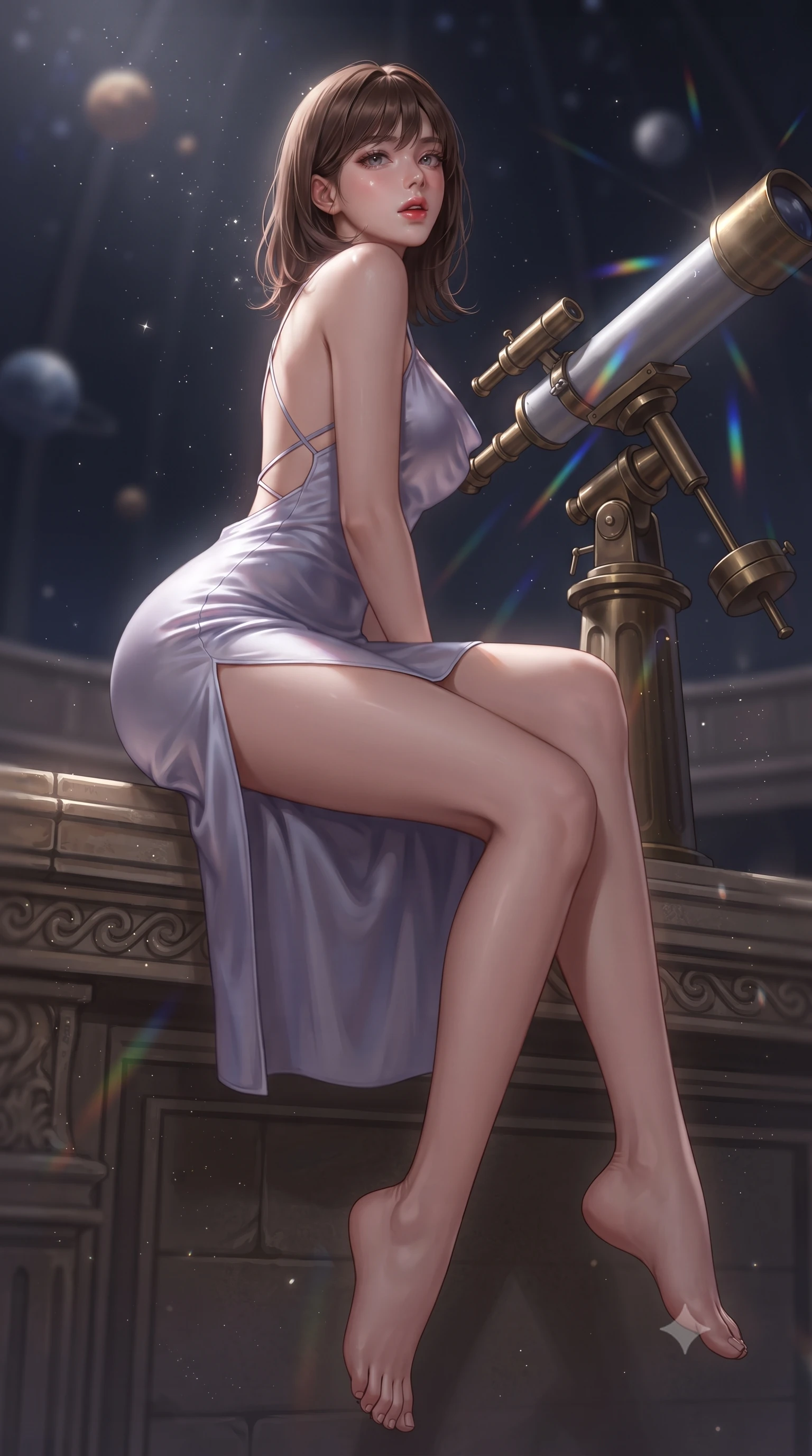 score_9, masterpiece, best quality, ultra-detailed, high-budget anime keyframe, editorial fashion photography, tasteful artistic composition, Korean woman. low angle full-body shot from head to toe showing her feet, filling the entire 9:16 vertical frame with her statuesque presence, stretching her vertical silhouette. sitting perched on the elevated ledge with hips angled toward the camera and legs crossed, displaying her toned midriff and flawlessly sculpted slender limbs while crouching gracefully beside the brass telescope mount, looking back with parted glossy lips as galactic starlight washes over her curves. The composition keeps background elements in soft focus with creamy bokeh. floating stardust flecks and prismatic telescope lens refractions scattering ethereal light motes. She has an absolutely perfect, statuesque 8.5-heads proportion, an exceptionally tall and slender model-like female figure with impossibly long slender legs, a toned flat midriff, an ultra-slim waist, and beautifully sculpted feminine hips. sharp v-shaped jawline, high-bridge nose, intricate jewel-like eyes with depth, thick eyelashes, glossy parted lips with a natural sheen, intensely captivating and seductive bedroom-eyes expression, flawlessly proportioned anatomical accuracy, strict slender model proportions, natural body alignment, perfectly sculpted long slender limbs, ultra-slim waistline, clean dynamic posture without body distortion. wearing a backless cowl-neck satin slip dress featuring high-cut side hip slits and delicate thin straps in ethereal lilac mist and celestial silver, tailored from ultra-smooth duchess satin with a pearlescent celestial sheen, finished with criss-cross back straps highlighting her graceful bare spine, the liquid-tight tailored fabric clinging flawlessly to her narrow waist and rounded feminine hips, emphasizing every millimeter of her sculpted hourglass curves during movement. illuminated by starlight edge lights carving her slender waist, bare collarbones, and feminine hip line. ultra-reflective glossy finish, specular highlights, rich textural contrasts, high-contrast stereoscopic depth, volumetric dynamic lighting, 2k, ultra detail, master piece, 9:16 ratio