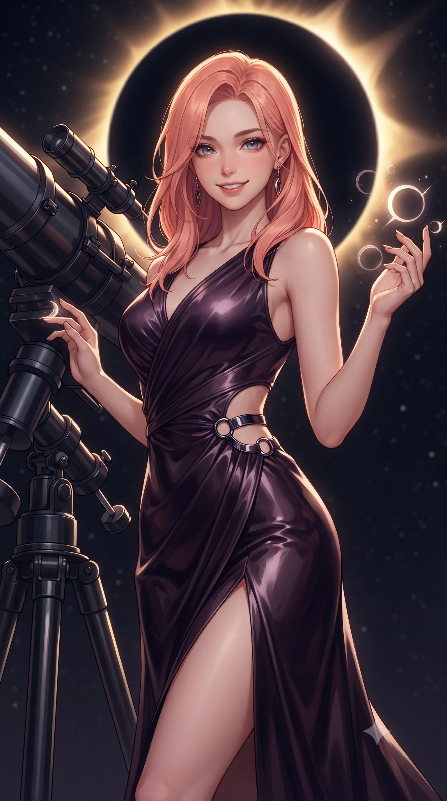 score_9, masterpiece, best quality, ultra-detailed, high-budget anime keyframe, editorial fashion photography, tasteful artistic composition, Japanese woman. close-up cowboy shot from the waist and thighs up, the character dominates the composition, filling the frame with her large presence, background elements kept in soft focus. Smiling with quiet, magnetic self-assurance directly into the camera, resting near a dark titanium orbital telescope in a silent starry void, translucent eclipse glyphs floating gracefully around her fingertips. She has an exceptionally elegant, slender, and willowy female figure with an ultra-slim waist, a gracefully sculpted slender torso, and a refined silhouette. sharp v-shaped jawline, high-bridge nose, intricate jewel-like eyes with depth, thick eyelashes, glossy lips with a natural sheen. wearing draped obsidian silk gown featuring tasteful waist slit cutouts in dark plum violet, made of high-gloss liquid vinyl, trimmed with dark chrome ring hardware along the waist contours, contouring every curve with an exceptionally elegant silhouette. illuminated by the radiant golden corona of a black eclipse against total dark space. highly saturated vibrant anime colors, detailed shading with soft gradients, rich glossy textures, high-contrast stereoscopic depth, volumetric dynamic lighting, master piece, 9:16 ratio