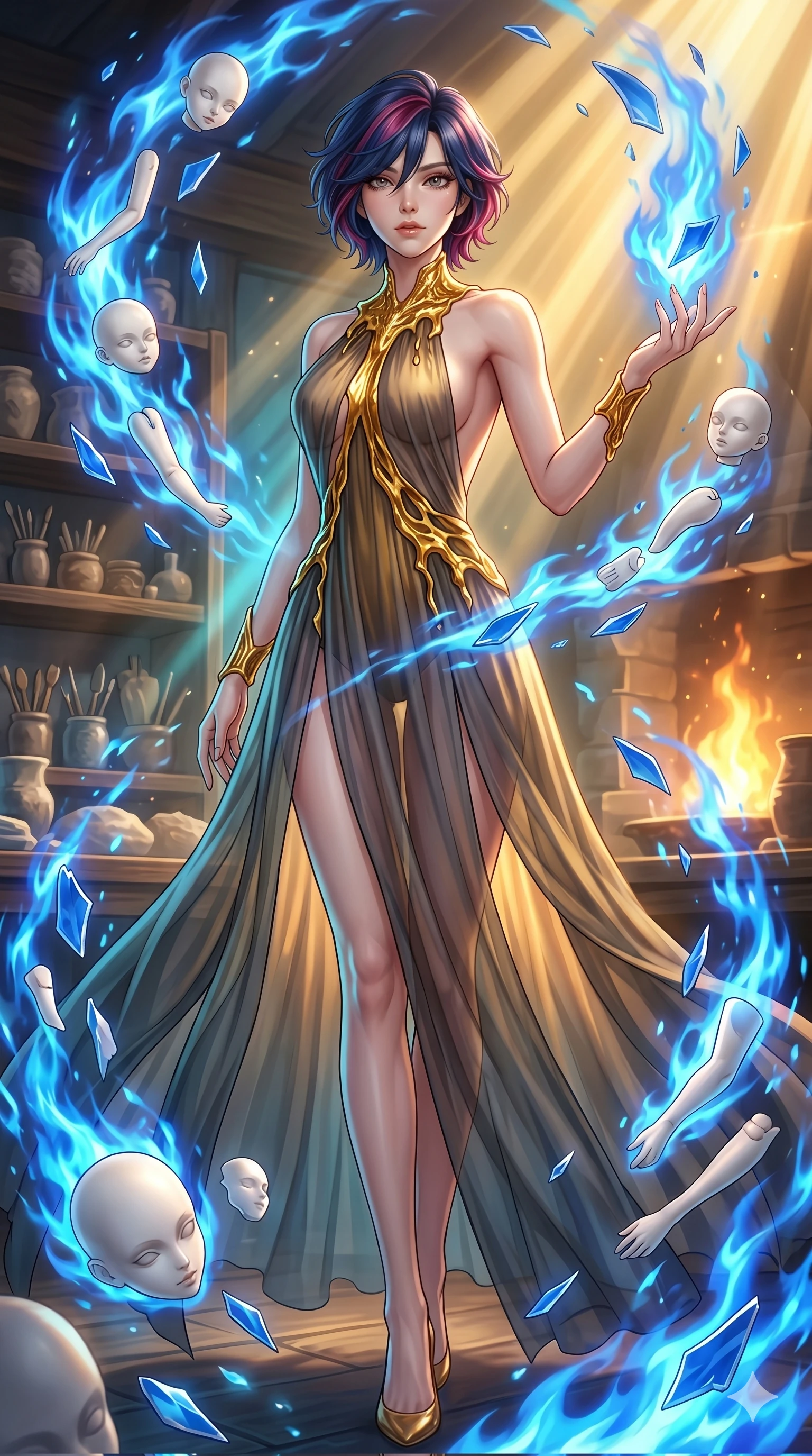 score_9, masterpiece, best quality, ultra-detailed, high-budget anime keyframe, Japanese woman. low angle full-body shot filling the entire 9:16 frame with her statuesque presence, stretching the vertical silhouette. assisting in an alchemical porcelain workshop where floating white bisque doll parts and blue porcelain shards swirl amidst blue alchemical flames. She has an absolutely perfect 8-heads proportion, an exceptionally tall and slender female figure with impossibly long slender legs and an ultra-slim waist. V-shaped jawline, high-bridge nose, intricate jewel-like eyes with depth, thick eyelashes, glossy lips with a natural sheen.. wearing a molten gold and chiffon gown, featuring organic liquid gold collar and cuffs on a translucent charcoal-gray halter neck chiffon gown with a deep backless design. showcasing a beautiful play of light and shadow, with warm golden rays clashing against cool cyan highlights. 2k, ultra detail, master piece, 9:16 ratio
