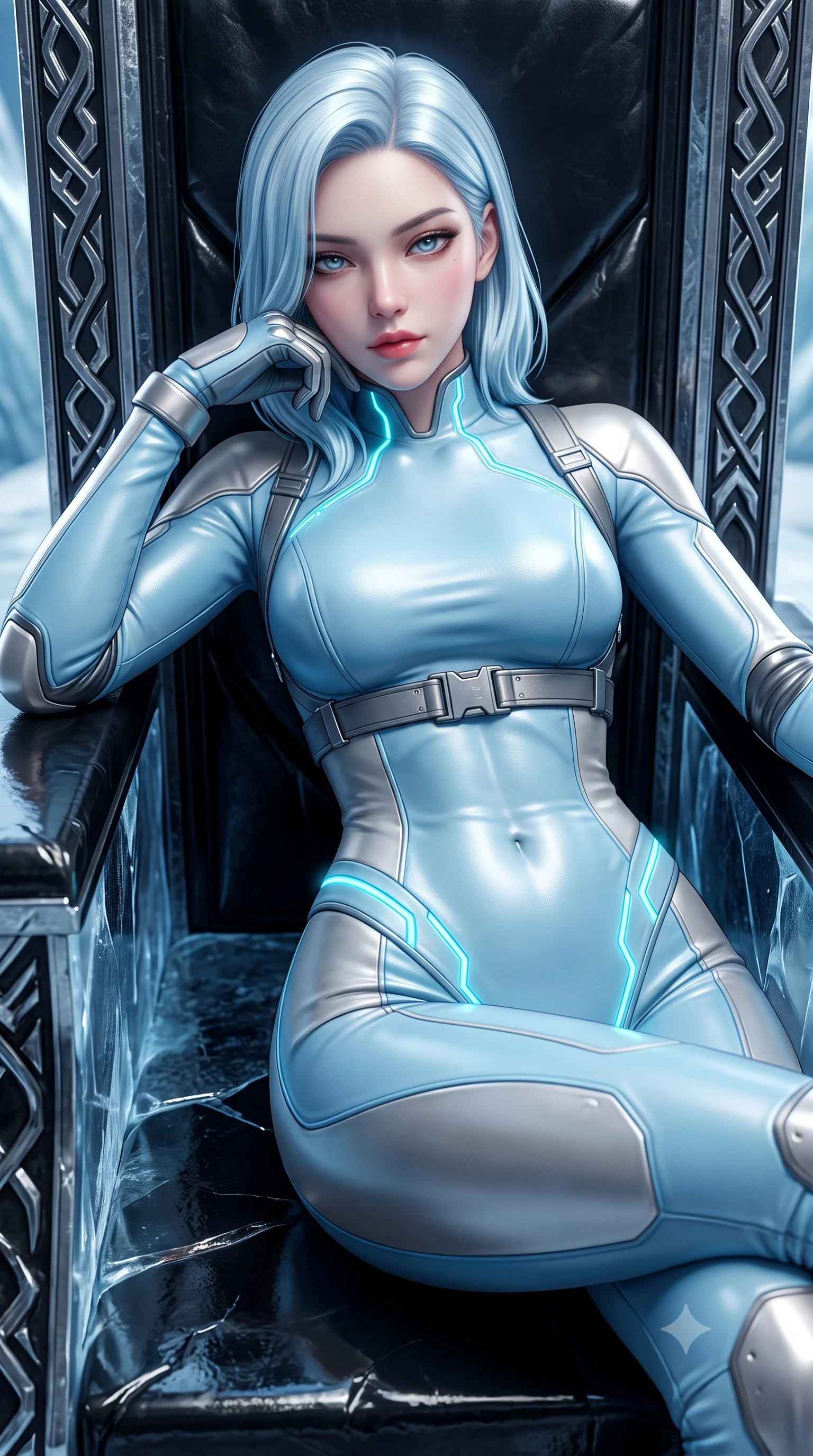 score_9, masterpiece, best quality, ultra-detailed, high-budget anime keyframe, semi-realistic 3D game render, editorial fashion photography, tasteful artistic composition, Korean woman. close-up cowboy shot from the waist and thighs up, the character dominates the composition, filling the frame with her large presence. leaning back with relaxed seductive grace, her sculpted collarbones and narrow waist highlighted as she casts smoldering bedroom-eyes directly into the camera while reclining on a carved obsidian throne propped on one elbow, eyes glowing with supernatural magnetism as she glances past the camera. The surrounding environment is rendered in vivid detail and crisp panoramic clarity. sharp chrome runestone carvings, glacier ice fissure clarity, and titanium armor panel seams in deep focus. She has an exceptionally elegant, slender, and willowy female figure with an ultra-slim waist, a gracefully sculpted slender torso, toned flat midriff, and rounded feminine hips creating an alluring hourglass silhouette. sharp v-shaped jawline, high-bridge nose, intricate jewel-like eyes with depth, thick eyelashes, glossy parted lips with a natural sheen, intensely captivating and seductive bedroom-eyes expression, flawlessly proportioned anatomical accuracy, strict slender model proportions, natural body alignment, perfectly sculpted long slender limbs, ultra-slim waistline, clean dynamic posture without body distortion. wearing a high-tech surveillance operative suit with flexible titanium joints and waist-cinching harness in ice crystal blue and brushed platinum, tailored from supple second-skin lambskin leather adhering to her curves, accented with glowing cyan LED circuit lines tracing her hip bones and collarbones, the form-contouring material adhering flawlessly to her sculpted flat midriff and slender torso, emphasizing her long leg lines and perfectly proportioned willowy build. illuminated by crisp metallic specular reflections sharply defining her sculpted waist, bare spine, and curvy hips. highly saturated vibrant anime colors, detailed shading with soft gradients, rich glossy textures, high-contrast stereoscopic depth, volumetric dynamic lighting, master piece, 9:16 ratio