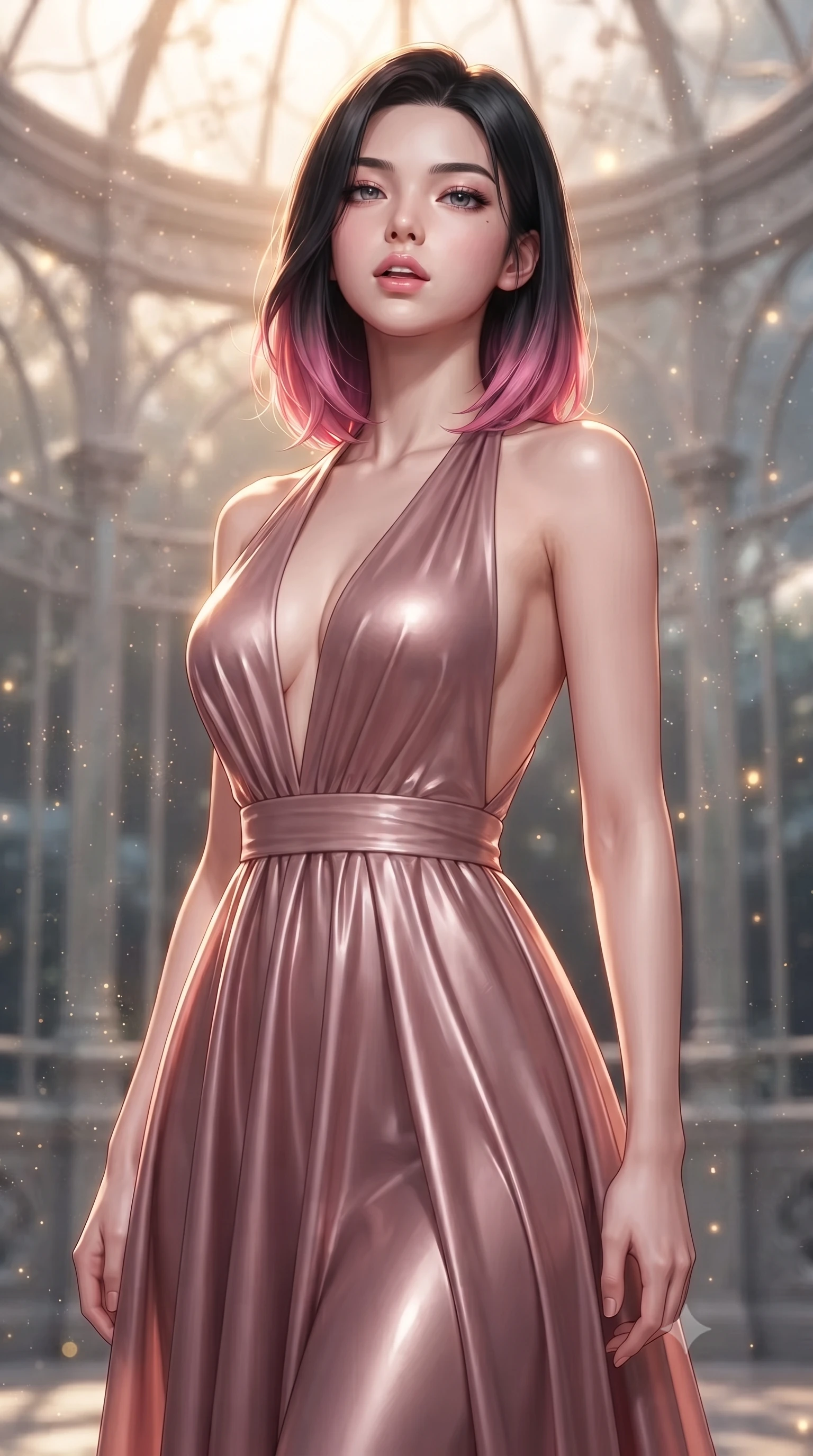 score_9, masterpiece, best quality, ultra-detailed, high-budget anime keyframe, editorial fashion photography, tasteful artistic composition, Korean woman. close-up cowboy shot from the waist and thighs up, the character dominates the composition, filling the frame with her large presence, background elements kept in soft focus. tilting her chin up slightly with lips parted in a composed, provocative expression the background shows a soft-focus a floating glass veranda surrounded by drifting golden stardust particles. She has an exceptionally elegant, slender, and willowy female figure with an ultra-slim waist, a gracefully sculpted slender torso, and a refined silhouette. sharp v-shaped jawline, high-bridge nose, intricate jewel-like eyes with depth, thick eyelashes, glossy lips with a natural sheen. wearing a tailored deep plunging-V neck maxi dress in dusty rose chiffon with a bold halter neck and low-cut back. warm golden stardust light casting glowing highlights on her hair and outfit. ultra-reflective glossy finish, specular highlights, metallic sheen, high-contrast stereoscopic depth, volumetric dynamic lighting, 2k, ultra detail, master piece, 9:16 ratio