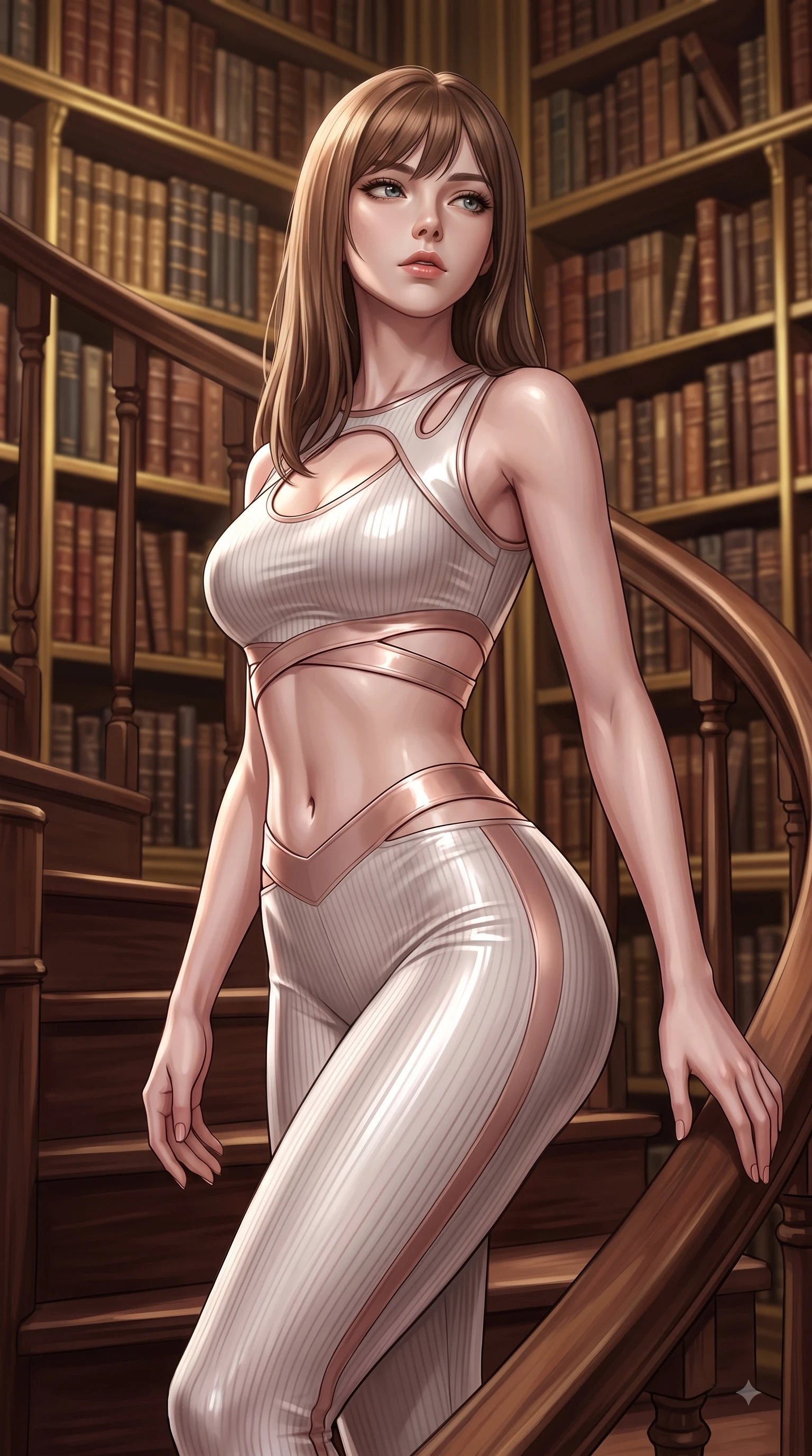 score_9, masterpiece, best quality, ultra-detailed, high-budget anime keyframe, editorial fashion photography, tasteful artistic composition, Korean woman. close-up cowboy shot from the waist and thighs up, the character dominates the composition, filling the frame with her large presence, background elements kept in soft focus. Tilting her chin up with composed magnetism as dramatic side lighting traces her sculpted waist and hip contour while pivoting gracefully on a mahogany spiral staircase, casting a seductive sidelong gaze over her shoulder, thousands of antique leather-bound books stacked along majestic golden shelves. She has an exceptionally elegant, slender, and willowy female figure with an ultra-slim waist, a gracefully sculpted slender torso, and a refined silhouette. sharp v-shaped jawline, high-bridge nose, intricate jewel-like eyes with depth, thick eyelashes, glossy lips with a natural sheen, flawlessly proportioned anatomical accuracy, natural body alignment, perfectly sculpted elegant limbs, clean dynamic posture without body distortion. wearing a form-fitting ribbed activewear set with elegant collar cutouts in pearl white and rose gold, formed from sleek second-skin neoprene, featuring subtle geometric cutouts that highlight her ultra-slim midriff, the glove-like fit emphasizing her statuesque silhouette during motion. illuminated by a dramatic key light casting elegant chiaroscuro shadows. ultra-reflective glossy finish, specular highlights, metallic sheen, high-contrast stereoscopic depth, volumetric dynamic lighting, 2k, ultra detail, master piece, 9:16 ratio