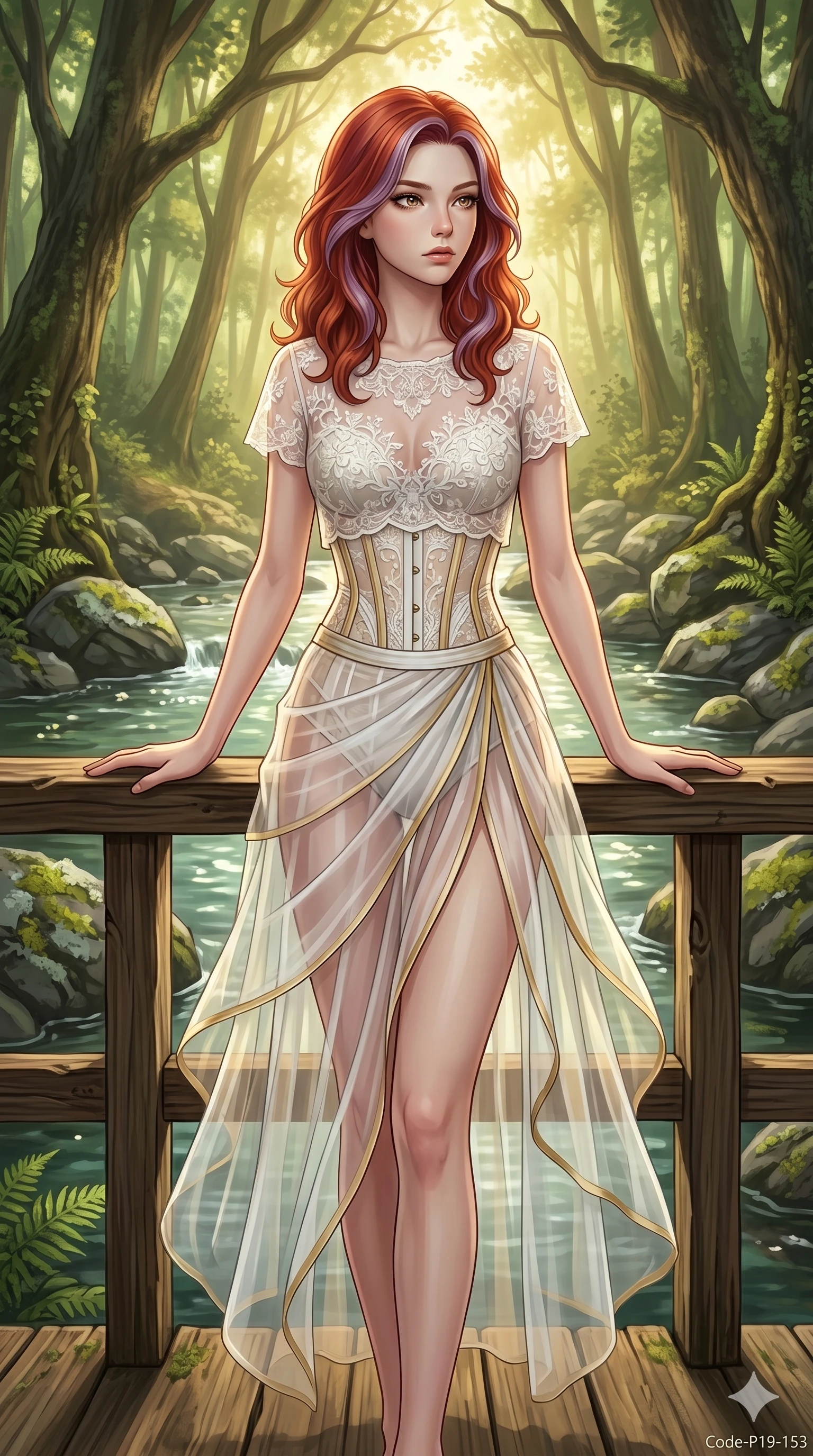 score_9, masterpiece, best quality, ultra-detailed, high-budget anime keyframe, editorial fashion photography, tasteful artistic composition, Caucasian woman, strictly human ears. cowboy shot from the thighs up, character and outfit filling the frame for maximum editorial presence. resting her hands on the deck railing, looking past the camera in a sacred forest path near a mountain stream under midday sun (Code-P19-153). She has an absolutely perfect 8-heads proportion, an exceptionally tall and slender female figure with impossibly long slender legs and an ultra-slim waist. V-shaped jawline, high-bridge nose, intricate jewel-like eyes with depth, thick eyelashes, glossy lips with a natural sheen. wearing a sheer lace crop top over a structured corset, paired with a transparent wrap skirt. soft green and gold ambient light, creating a calm, glowing atmosphere. 2k, ultra detail, master piece, 9:16 ratio