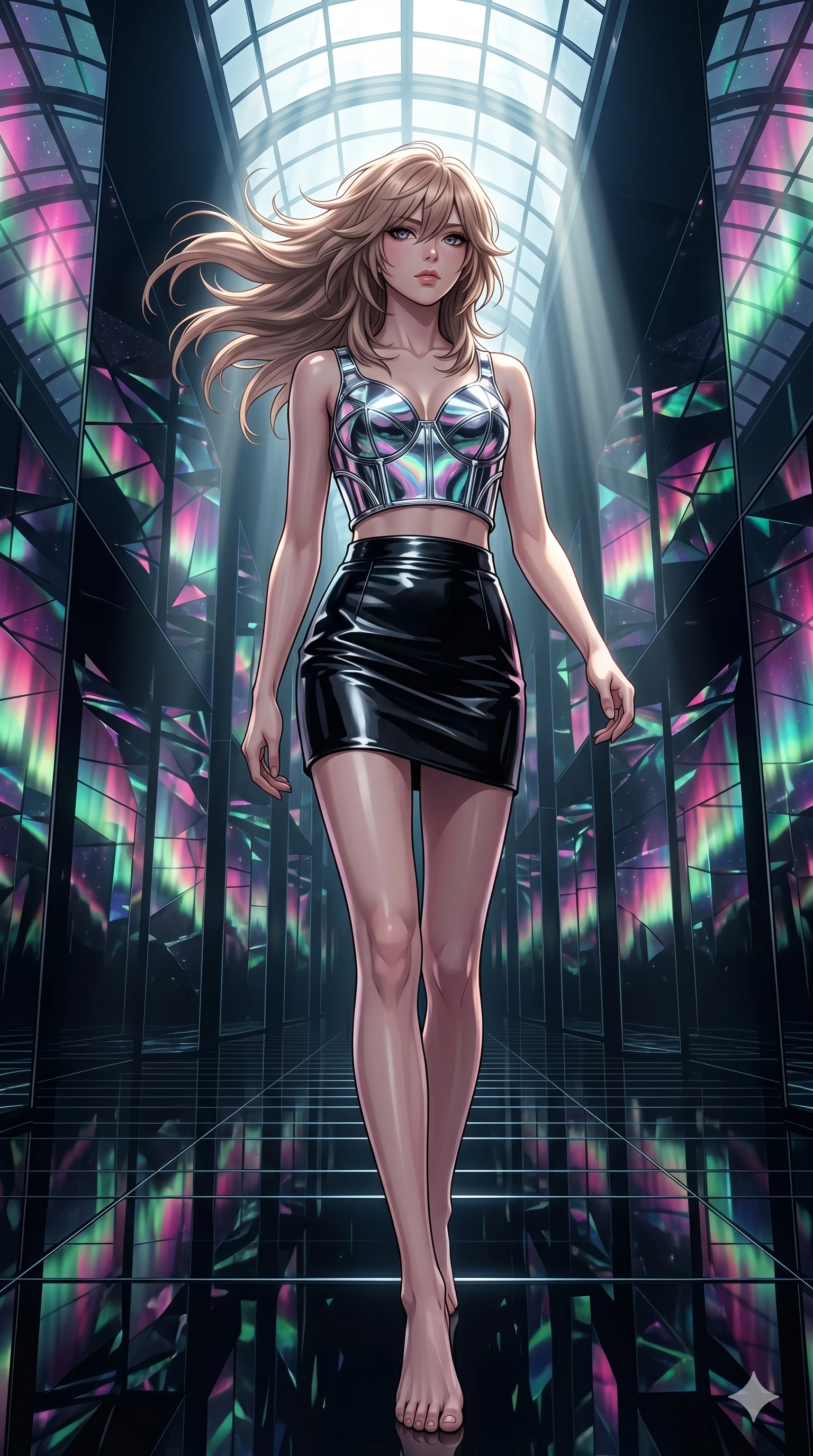 score_9, masterpiece, best quality, ultra-detailed, high-budget anime keyframe, editorial fashion photography, tasteful artistic composition, Japanese woman. low angle full-body shot from head to toe showing her feet, filling the entire 9:16 vertical frame with her statuesque presence, stretching her vertical silhouette. Walking in slow-motion with dramatic hair movement behind her inside an infinite obsidian mirror hall reflecting fractured aurora borealis patterns. She has an absolutely perfect 8-heads proportion, an exceptionally tall and slender female figure with impossibly long slender legs and an ultra-slim waist. V-shaped jawline, high-bridge nose, intricate jewel-like eyes with depth, thick eyelashes, glossy lips with a natural sheen. wearing a sculptural chrome-plated structured crop top with molded geometric cups and architectural side boning, paired with a high-waist black gloss leather mini skirt to mid-thigh. drenched in cinematic god-ray sunlight descending from a vaulted glass ceiling, illuminating her form. 2k, ultra detail, master piece, 9:16 ratio