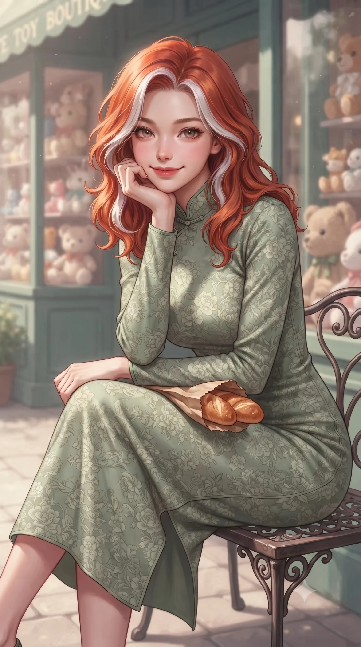 score_9, masterpiece, best quality, ultra-detailed, high-budget anime keyframe, editorial fashion photography, tasteful artistic composition, Caucasian woman. close-up cowboy shot from the waist and thighs up, the character dominates the composition, filling the frame with her large presence, background elements kept in soft focus. smiling cutely while resting her chin on her hand, looking directly into the lens set against a soft-focus background of outside a retro toy boutique with cute window displays of stuffed animals holding a small paper bag of fresh warm bread, smiling cutely. She has an exceptionally elegant, slender, and willowy female figure with an ultra-slim waist, a gracefully sculpted slender torso, and a refined silhouette. sharp v-shaped jawline, high-bridge nose, intricate jewel-like eyes with depth, thick eyelashes, glossy lips with a natural sheen. wearing form-contouring lovely floral print midi dress in sage green, featuring a high collar and long sleeves. soft diffused daylight creating a warm, cozy and nostalgic atmosphere. highly saturated vibrant anime colors, detailed shading with soft gradients, rich glossy textures, high-contrast stereoscopic depth, volumetric dynamic lighting, master piece, 9:16 ratio