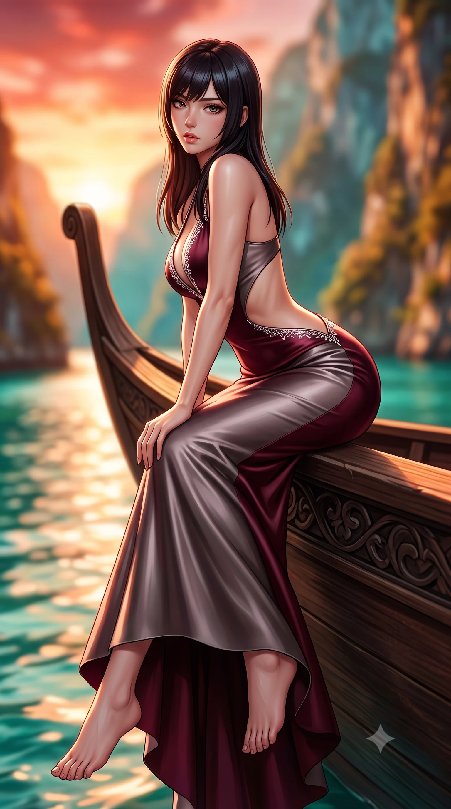 score_9, masterpiece, best quality, ultra-detailed, high-budget anime keyframe, semi-realistic 3D game render, editorial fashion photography, tasteful artistic composition, Caucasian woman. low angle full-body shot from head to toe showing her feet, filling the entire 9:16 vertical frame with her statuesque presence, stretching her vertical silhouette. sitting perched on the elevated edge with hips angled toward the camera and legs crossed, displaying her toned midriff and flawlessly sculpted slender limbs while leaning forward against the carved wooden dhow gunwale with lower back arched, looking over her shoulder at the glassy emerald waters. The composition keeps background elements in soft focus with creamy bokeh. towering jagged fjord cliff faces and crystalline emerald sea waters blurred into warm ochre, turquoise, and bronze bokeh. She has an exceptionally tall and slender model-like 8.5-heads proportion, an ultra-slim waist, a flat toned midriff, narrow delicate ribcage, and beautifully sculpted feminine hips creating a graceful, slim hourglass silhouette without any bulky heaviness, with impossibly long slender legs. sharp v-shaped jawline, high-bridge nose, intricate jewel-like eyes with depth, thick eyelashes, glossy parted lips with a natural sheen, intensely captivating and seductive bedroom-eyes expression, flawlessly proportioned anatomical accuracy, strict slender model proportions, natural body alignment, perfectly sculpted long slender limbs, ultra-slim waistline, clean dynamic posture without body distortion. wearing a sculptured liquid-satin mermaid gown with an architectural open-waist cutout and bare spine in deep wine burgundy and brushed dark platinum, tailored from ultra-smooth duchess satin with a pearlescent sheen, finished with delicate crystal frost embroidery tracing the plunging neckline, the second-skin form-contouring cut accentuating her sculpted flat midriff, narrow delicate ribcage, and gracefully curvy hips with supermodel precision. bathed in blazing crimson and copper sunset backlighting and warm water surface bounce fill. highly saturated vibrant anime colors, detailed shading with soft gradients, rich glossy textures, high-contrast stereoscopic depth, volumetric dynamic lighting, master piece, 9:16 ratio