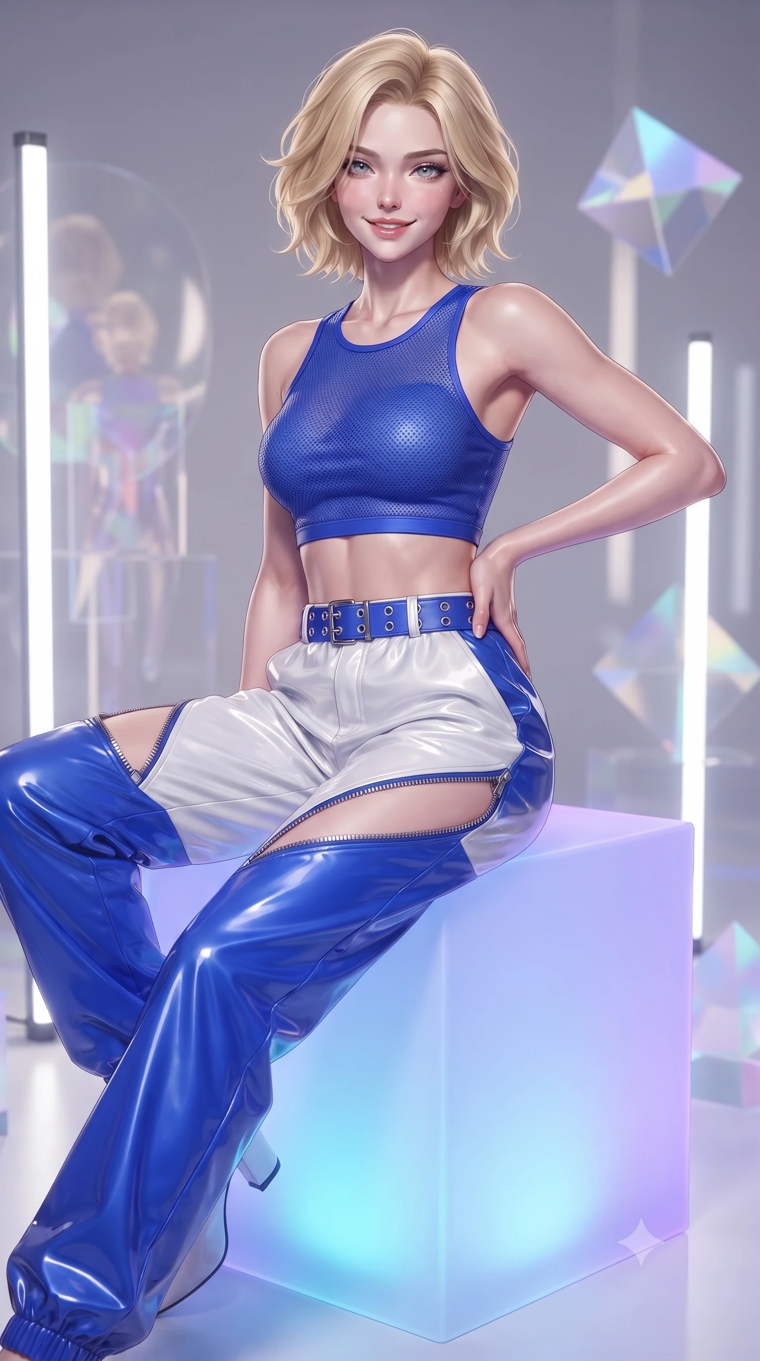 score_9, masterpiece, best quality, ultra-detailed, high-budget anime keyframe, editorial fashion photography, tasteful artistic composition, Caucasian woman. close-up cowboy shot from the waist and thighs up, the character dominates the composition, filling the frame with her large presence. smiling with subtle, enchanting allure and glossy parted lips, one hand resting on her waist with effortless supermodel poise while sitting poised atop a frosted neon cube with one leg extended, her statuesque silhouette framed by vertical light bars. The composition keeps background elements in soft focus with creamy bokeh. translucent acrylic art installations and geometric light prisms softened in dreamy shallow focus. She has an exceptionally elegant, slender, and willowy female figure with an ultra-slim waist, a gracefully sculpted slender torso, toned flat midriff, and a refined slim silhouette. sharp v-shaped jawline, high-bridge nose, intricate jewel-like eyes with depth, thick eyelashes, glossy lips with a natural sheen, captivating and magnetic expression, flawlessly proportioned anatomical accuracy, strict slender model proportions, natural body alignment, perfectly sculpted long slender limbs, ultra-slim waistline, clean dynamic posture without body distortion. wearing a Y2K racerback crop tank paired with oversized two-tone nylon windbreaker pants and a grommet belt in electric cobalt blue and high-gloss white, made of breathable technical athletic mesh and liquid-finish track nylon, accented with metallic zipper teeth running along the diagonal cutouts, the liquid-tight tailored fabric emphasizing every curve of her tall, slender model proportions and sculptured silhouette during dynamic movement. illuminated by clean geometric specular highlights tracing her sculpted torso and legs. ultra-reflective glossy finish, specular highlights, rich textural contrasts, high-contrast stereoscopic depth, volumetric dynamic lighting, 2k, ultra detail, master piece, 9:16 ratio