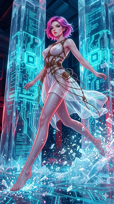 score_9, masterpiece, best quality, ultra-detailed, high-budget anime keyframe, Caucasian woman, strictly human ears. low angle full-body shot filling the entire 9:16 frame with her statuesque presence, stretching the vertical silhouette. leaping ins