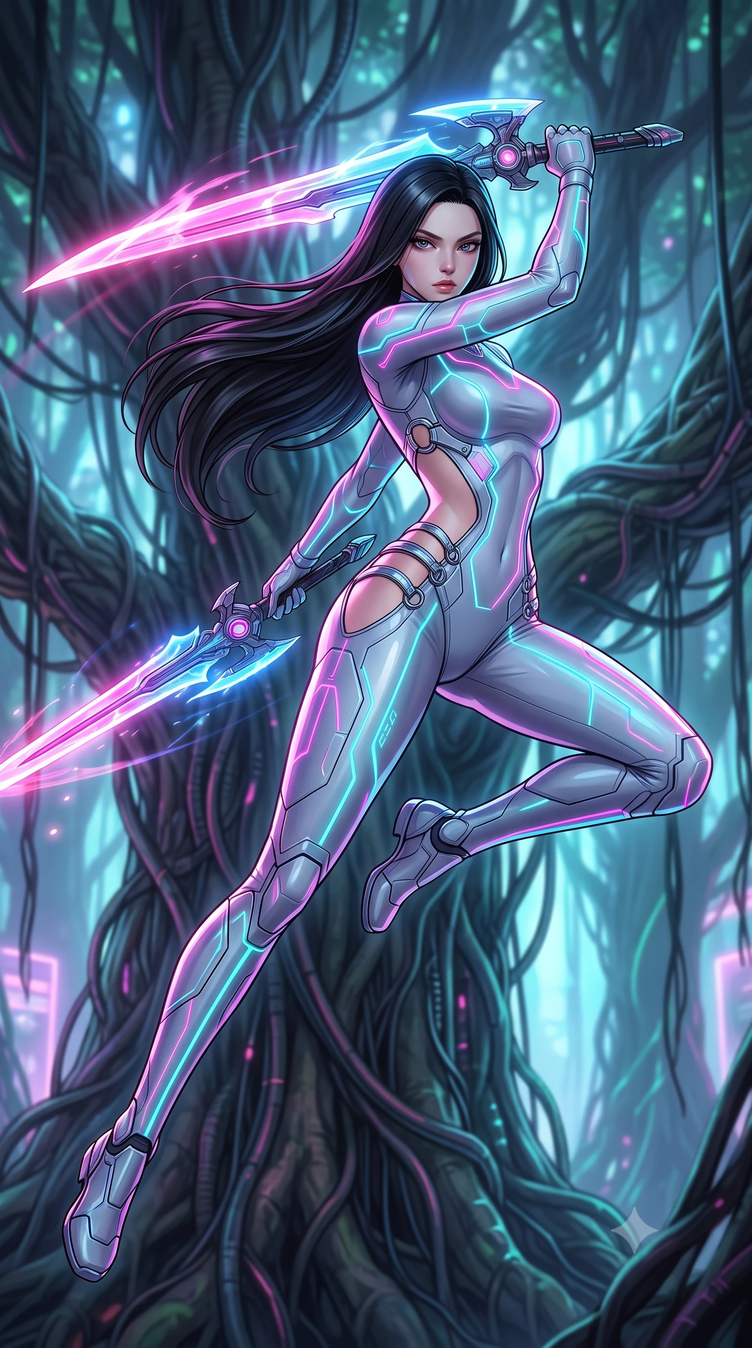score_9, masterpiece, best quality, ultra-detailed, high-budget anime keyframe, editorial fashion photography, tasteful artistic composition, Korean woman. low angle full-body shot from head to toe showing her feet, filling the entire 9:16 vertical frame with her statuesque presence, stretching her vertical silhouette. leaping forward while slashing with a twin-bladed plasma sword in mid-air, her body-contouring suit showing her athletic silhouette, the background shows a soft-focus a neon-lit artificial tree grove with colossal banyan trees woven with wires. She has an absolutely perfect, statuesque 8.5-heads proportion, an exceptionally tall and slender model-like female figure with impossibly long slender legs and an ultra-slim waist. sharp v-shaped jawline, high-bridge nose, intricate jewel-like eyes with depth, thick eyelashes, glossy lips with a natural sheen. wearing a body-hugging light carbon-plate combat bodysuit featuring dramatic geometric open-waist cutouts framed by chrome ring hardware. bright cyan and magenta laser lines projecting neon patterns across her form. highly saturated vibrant anime colors, detailed shading with soft gradients, rich glossy textures, high-contrast stereoscopic depth, volumetric dynamic lighting, master piece, 9:16 ratio