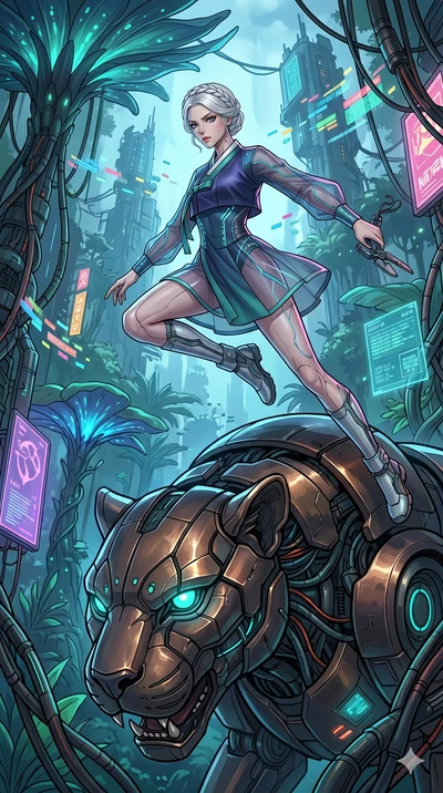 score_9, masterpiece, best quality, ultra-detailed, high-budget anime movie keyframe, cinematic anime lighting, intricate line art, Korean woman. Dynamic full-body shot stretching the vertical silhouette with extreme perspective. leaping over a giant