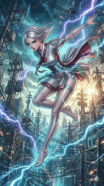 score_9, masterpiece, best quality, ultra-detailed, high-budget anime movie keyframe, cinematic anime lighting, intricate line art, Caucasian (strictly human ears) woman. Low angle cowboy shot capturing a powerful motion and statuesque presence. punc