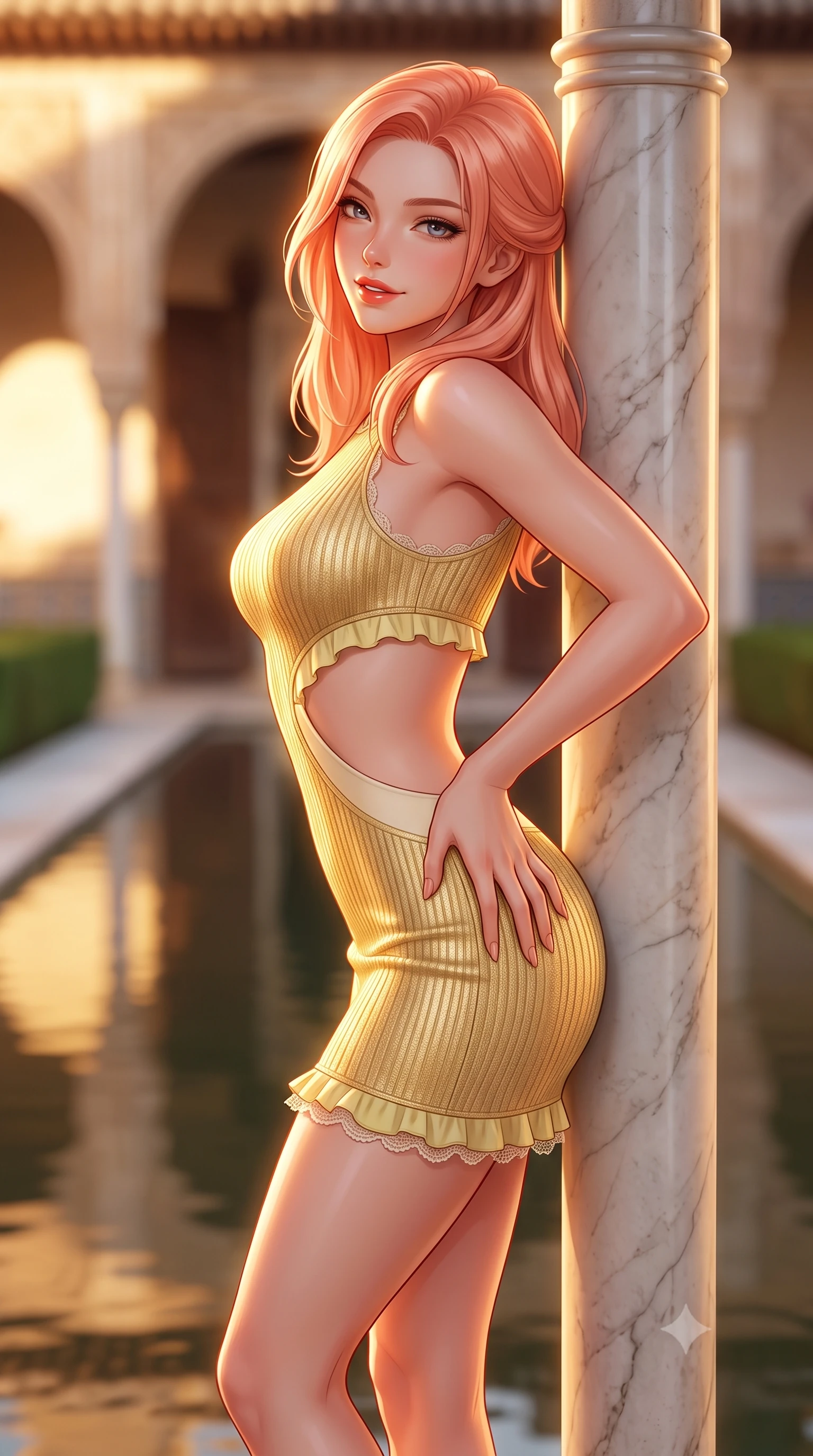 score_9, masterpiece, best quality, ultra-detailed, high-budget anime keyframe, semi-realistic 3D game render, editorial fashion photography, tasteful artistic composition, Japanese woman. close-up cowboy shot from the waist and thighs up, the character dominates the composition, filling the frame with her large presence. twisting her slender torso in an alluring contrapposto stance, one hand resting on her sculpted hip while flashing a charming, playful smile with parted glossy lips while leaning against a slender marble column with hips cocked back, looking over a bare shoulder with an alluring, sovereign gaze. The composition keeps background elements in soft focus with dreamy creamy bokeh. still reflection channel waters reflecting the golden sunset sky softened in historic Andalusian shallow focus. She has an exceptionally elegant, slender, and willowy female figure with an ultra-slim waist, flat toned midriff, narrow ribcage, and sculpted feminine hips creating an alluring, slim hourglass silhouette without bulk. sharp v-shaped jawline, high-bridge nose, sparkling amber-hazel eyes with depth, long lush eyelashes, glossy sun-kissed lips with a warm coral glaze, radiant teasing smile with sensual sunlit bedroom-eyes, exuding effortless old-money elegance and intoxicating sun-drenched allure, flawlessly proportioned anatomical accuracy, strict slender model proportions, natural body alignment, perfectly sculpted long slender limbs, ultra-slim waistline, clean dynamic posture without body distortion. wearing a cut-out golden metallic knit mini dress with open-waist architecture emphasizing her hourglass curves in pastel limoncello yellow and vanilla cream, formed from supple second-skin stretch ribbed knit clinging to her form, finished with subtle ruffle trims and delicate scallop lace edging, the form-fitting cut adhering flawlessly to her sculpted flat midriff and slender torso, emphasizing her long leg lines and perfectly proportioned willowy build. illuminated by water channel reflection fill and sharp warm-gold rim lighting defining her razor-sharp jawline, narrow waist, and curvy hips. highly saturated vibrant anime colors, detailed shading with soft gradients, rich glossy textures, high-contrast stereoscopic depth, volumetric dynamic lighting, master piece, 9:16 ratio