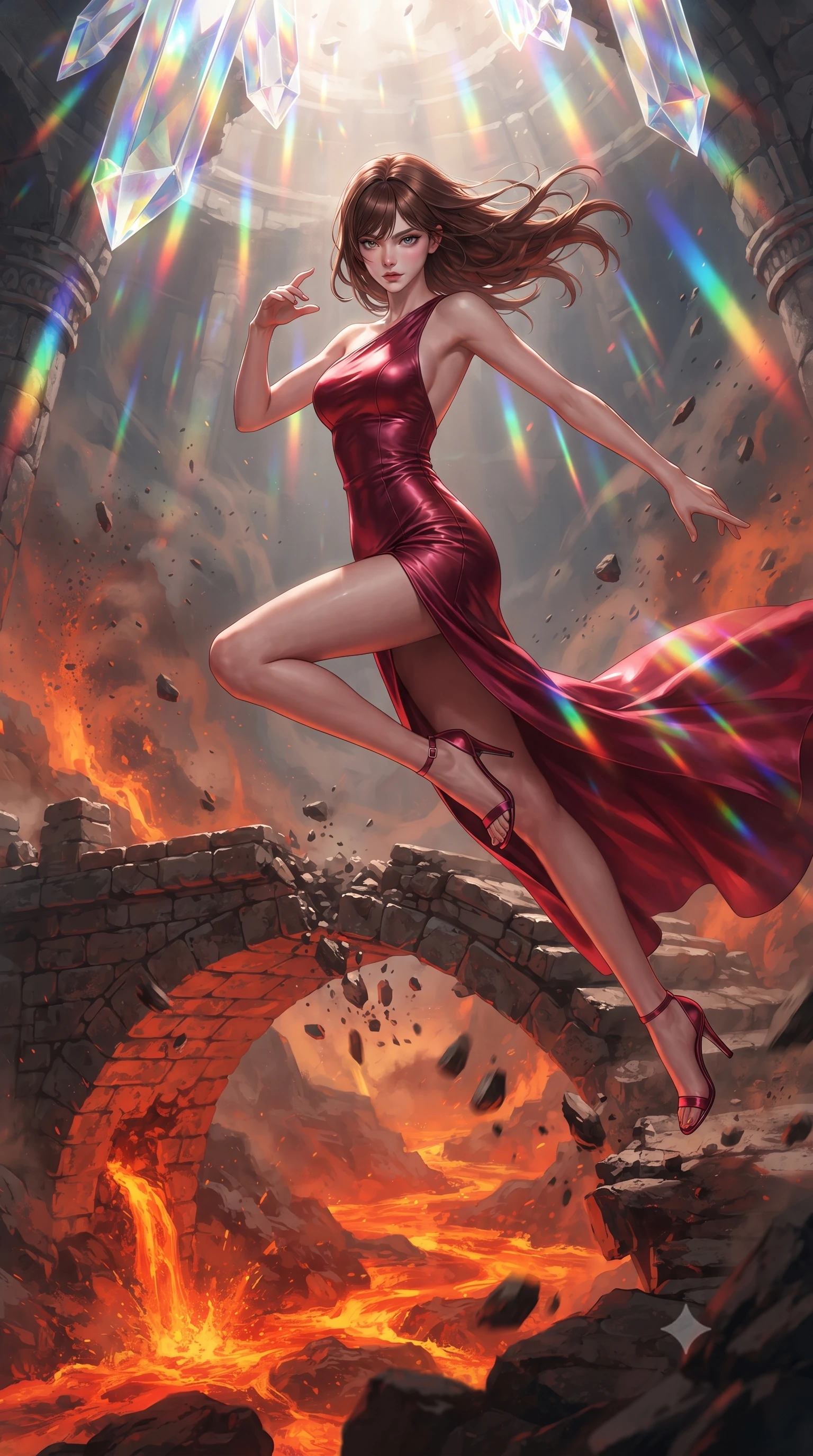 score_9, masterpiece, best quality, ultra-detailed, high-budget anime keyframe, editorial fashion photography, tasteful artistic composition, realistic cosplay photography, Korean woman. low angle full-body shot from head to toe showing her feet, filling the entire 9:16 vertical frame with her statuesque presence, stretching her vertical silhouette. leaping dynamically high in the air while slicing forward with wind-whipped hair through a crumbling stone bridge over a roaring river of molten orange lava, volcanic ash swirling in the heated updrafts. She has a statuesque 8.5-heads proportion, an exceptionally tall, slender and willowy model-like build with impossibly long legs and a highly sculpted ultra-slim waist. sharp v-shaped jawline, high-bridge nose, intricate jewel-like eyes with depth, thick eyelashes, glossy lips with a natural sheen. wearing tailored for maximum mobility, sleek form-contouring panels that allow fluid movement, a slim-fit high-slit evening gown in deep crimson silk, featuring an asymmetric one-shoulder design and a bare back. cascading rainbow prismatic light refracting through crystal formations overhead. ultra-reflective glossy finish, specular highlights, metallic sheen, high-contrast stereoscopic depth, volumetric dynamic lighting, 2k, ultra detail, master piece, 9:16 ratio