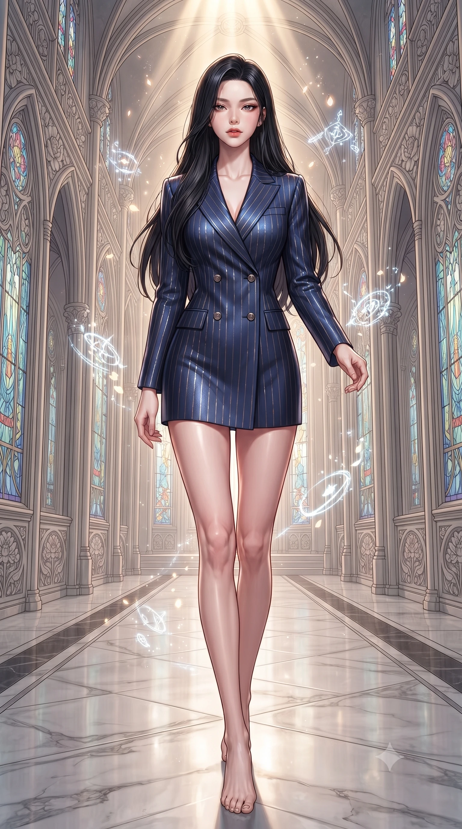 score_9, masterpiece, best quality, ultra-detailed, high-budget anime keyframe, editorial fashion photography, tasteful artistic composition, Korean woman. low angle full-body shot from head to toe showing her feet, filling the entire 9:16 vertical frame with her statuesque presence, stretching her vertical silhouette. interacting gracefully with the magical floating elements while maintaining a confident posture walking down a polished marble nave lined with tall stained glass arcades, intricate floral Art Nouveau motifs decorating the surrounding stone. She has an absolutely perfect, statuesque 8.5-heads proportion, an exceptionally tall and slender model-like female figure with impossibly long slender legs and an ultra-slim waist. sharp v-shaped jawline, high-bridge nose, intricate jewel-like eyes with depth, thick eyelashes, glossy lips with a natural sheen. wearing a tailored double-breasted blazer dress in navy with subtle metallic pin-stripes, the glove-like fit emphasizing her statuesque silhouette. surrounded by a glowing divine aura of sunbeams and incense radiance. ultra-reflective glossy finish, specular highlights, metallic sheen, high-contrast stereoscopic depth, volumetric dynamic lighting, 2k, ultra detail, master piece, 9:16 ratio