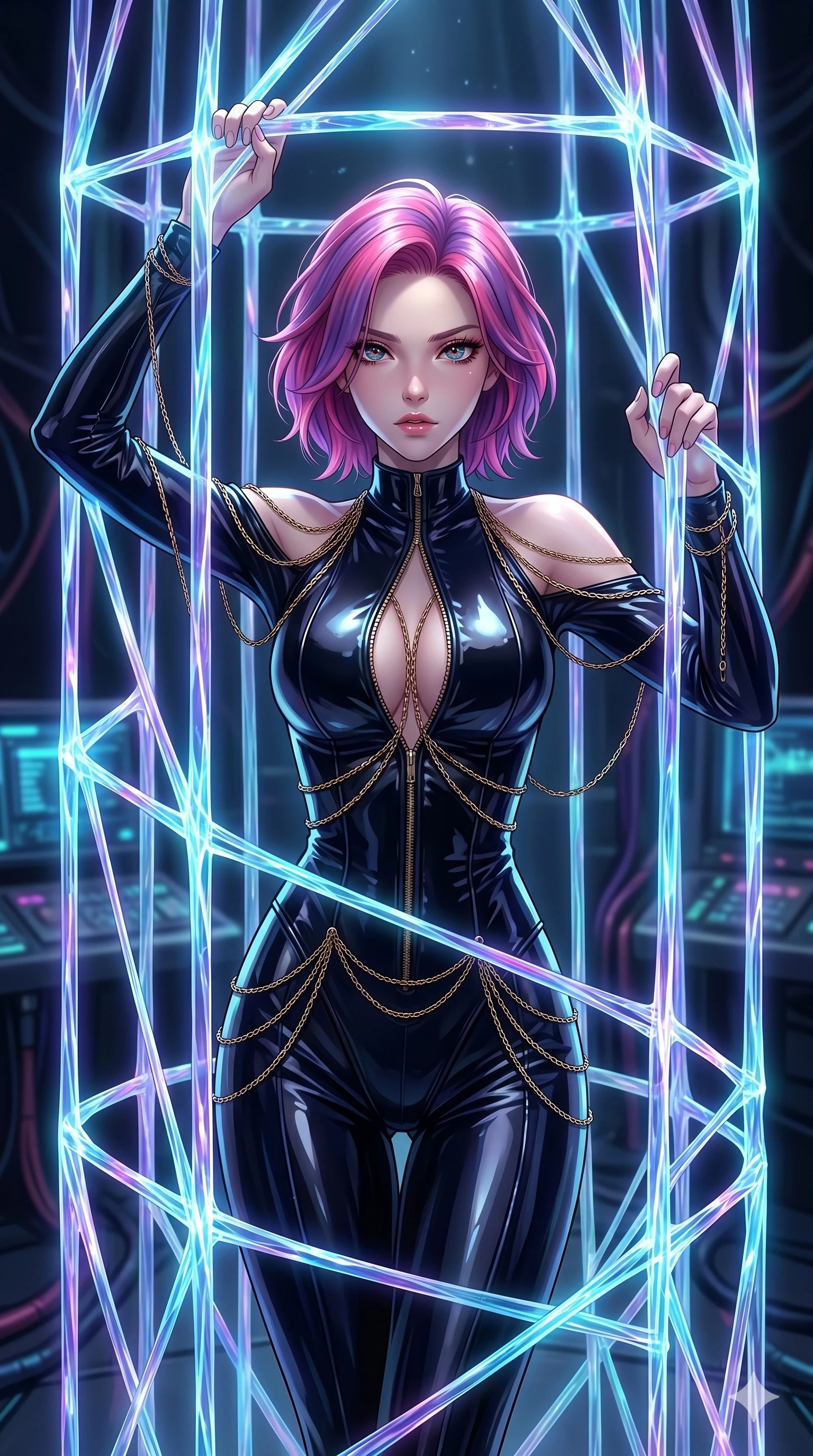 score_9, masterpiece, best quality, ultra-detailed, High-budget Anime Keyframe, East Asian woman. Dynamic full-body shot stretching the vertical silhouette to the limit. Scenario 262: Trapped in a cage of glowing crystalline fibers, body pressing against the bars. Her presence is magnetic and overpowering in this high-budget anime scene. Outfit 262: A patent leather second with a unzipped detail and fine gold chains. The clothing is designed to emphasize her exceptionally tall and slender 8-heads proportion. 8-heads proportion, towering silhouette, ultra-slim waist. sharp v-shaped jawline, intricate jewel-like eyes with depth, thick eyelashes, glossy lips. 2k, ultra detail, master piece, 9:16 ratio