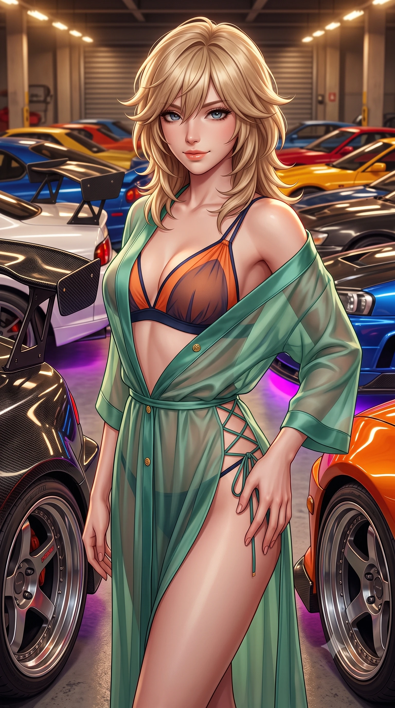 score_9, masterpiece, best quality, ultra-detailed, high-budget anime keyframe, semi-realistic 3D game render, editorial fashion photography, tasteful artistic composition, Japanese woman. close-up cowboy shot from the waist and thighs up, the character dominates the composition, filling the frame with her large presence. tilting her head with a teasing half-smile, running one hand slowly down the side of her hip in a flirtatious S-curve as ambient light caresses her silhouette while standing poised between rows of polished classic Japanese turbos, arching her lower back with seductive racing queen glamour. The surrounding environment is rendered in vivid detail and crisp panoramic clarity: sharp carbon-fiber aerodynamic wing weave, multi-piece alloy wheel rims, and tire tread grooves in deep focus. She has an exceptionally elegant, slender, and willowy female figure with an ultra-slim waist, flat toned midriff, narrow ribcage, and sculpted feminine hips creating an alluring, slim hourglass silhouette without bulk. sharp v-shaped jawline, high-bridge nose, sparkling eyes with hypnotic seductive depth, thick curled eyelashes, glossy parted lips with a natural dewy peach sheen, alluring bedroom-eyes with an enchanting coquettish smile, exuding magnetic siren charisma and sophisticated glamour, flawlessly proportioned anatomical accuracy, strict slender model proportions, natural body alignment, perfectly sculpted long slender limbs, ultra-slim waistline, clean dynamic posture without body distortion. wearing a delicate semi-sheer jade silk boudoir robe worn loose and slipping off bare shoulders over a matching strappy bralette in sunset tangerine orange and deep navy indigo, made of sheer gossamer chiffon that drapes softly against skin with airy translucence, featuring fine criss-cross lace-up side ties revealing tantalizing glimpses of her hip curve, the high-slit wrap tailoring accentuating her ultra-slim waistline and the enchanting curve of her feminine hips with alluring seductive charm. bathed in warm industrial sodium-vapor parking floodlights mixed with vibrant car neon underglow. highly saturated vibrant anime colors, detailed shading with soft gradients, rich glossy textures, high-contrast stereoscopic depth, volumetric dynamic lighting, master piece, 9:16 ratio