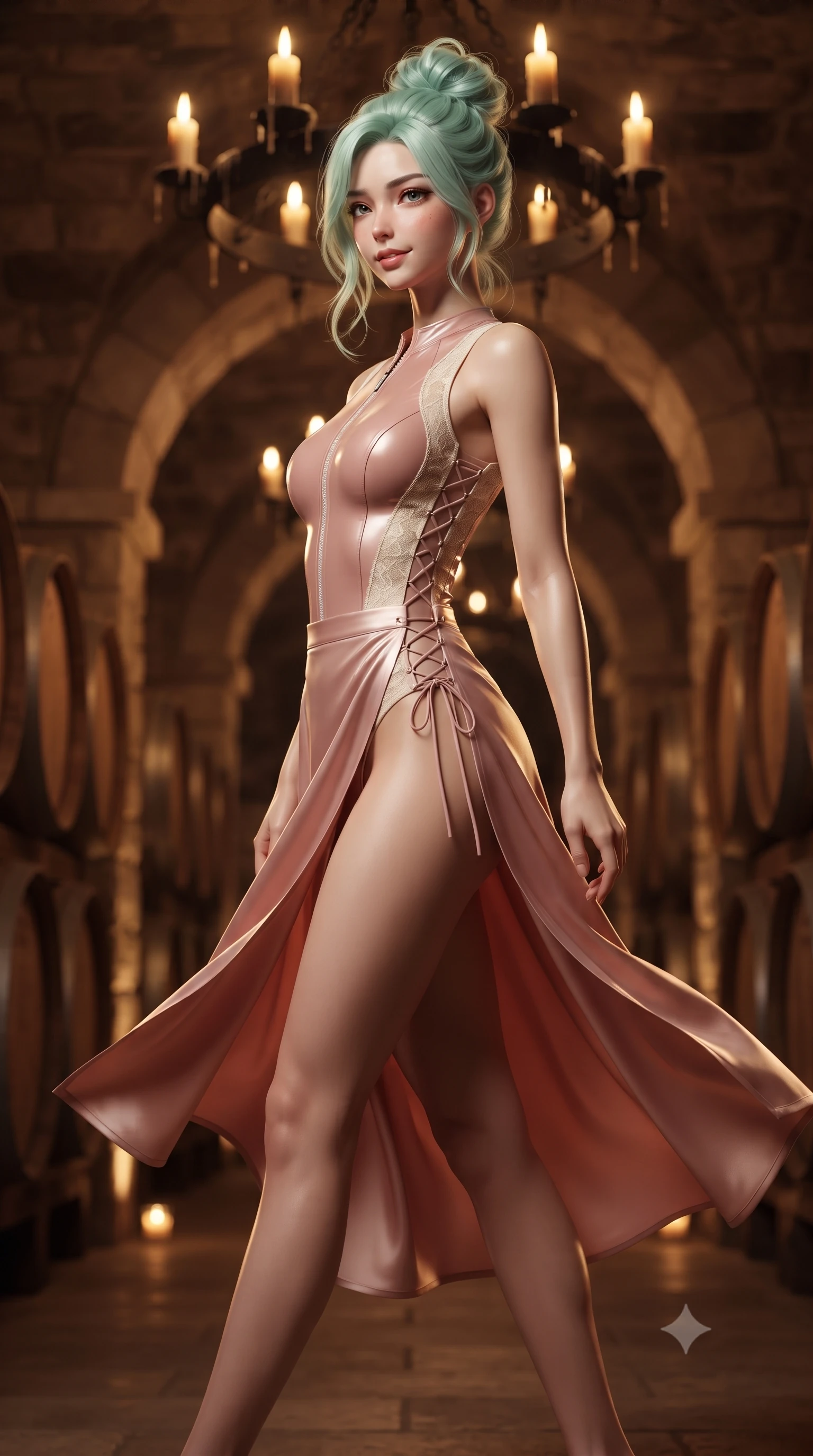 score_9, masterpiece, best quality, ultra-detailed, high-budget anime keyframe, editorial fashion photography, tasteful artistic composition, Japanese woman. low angle full-body shot from head to toe showing her feet, filling the entire 9:16 vertical frame with her statuesque presence, stretching her vertical silhouette. executing a slow, graceful pivot turn as her skirt sways around her slender legs, glancing back with an enchanting, teasing sensual expression while twisting her slender torso in an alluring contrapposto stance, dancing candlelight and warm amber floor up-lights tracing her curves. The background shows a soft-focus towering rows of vintage wine barrels, hand-forged wrought-iron chandeliers with dripping wax candles, and limestone archways blurred into honey, sepia, and ruby bokeh. She has an absolutely perfect, statuesque 8.5-heads proportion, an exceptionally tall and slender model-like female figure with impossibly long slender legs, an ultra-slim waist, a flat toned midriff, narrow delicate ribcage, and beautifully sculpted feminine hips creating a graceful, slim hourglass silhouette without any bulky heaviness. sharp v-shaped jawline, high-bridge nose, sparkling eyes with hypnotic seductive depth, thick curled eyelashes, glossy parted lips with a natural dewy peach sheen, alluring bedroom-eyes with an enchanting coquettish smile, exuding magnetic siren charisma and sophisticated glamour, flawlessly proportioned anatomical accuracy, strict slender model proportions, natural body alignment, perfectly sculpted long slender limbs, ultra-slim waistline, clean dynamic posture without body distortion. wearing a form-contouring wet-look neoprene zip-front maillot with high-cut leg openings and racing side stripes in dusky blush pink and warm ivory lace, crafted from fluid liquid silk satin that clings smoothly to every curve with a dewy sheen, featuring fine criss-cross lace-up side ties revealing tantalizing glimpses of her hip curve, the high-slit wrap tailoring accentuating her ultra-slim waistline and the enchanting curve of her feminine hips with alluring seductive charm. illuminated by wine bottle glass specular reflections and sharp amber-gold rim lights sculpting her jawline, flat midriff, and curvy hips. ultra-reflective glossy finish, specular highlights, rich textural contrasts, high-contrast stereoscopic depth, volumetric dynamic lighting, 2k, ultra detail, master piece, 9:16 ratio