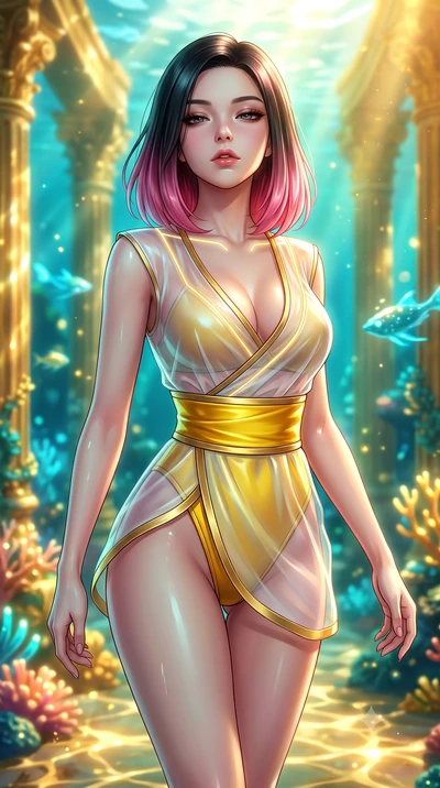 score_9, masterpiece, best quality, ultra-detailed, high-budget anime keyframe, semi-realistic 3D game render, editorial fashion photography, tasteful artistic composition, Korean woman. close-up cowboy shot from the waist and thighs up, the characte