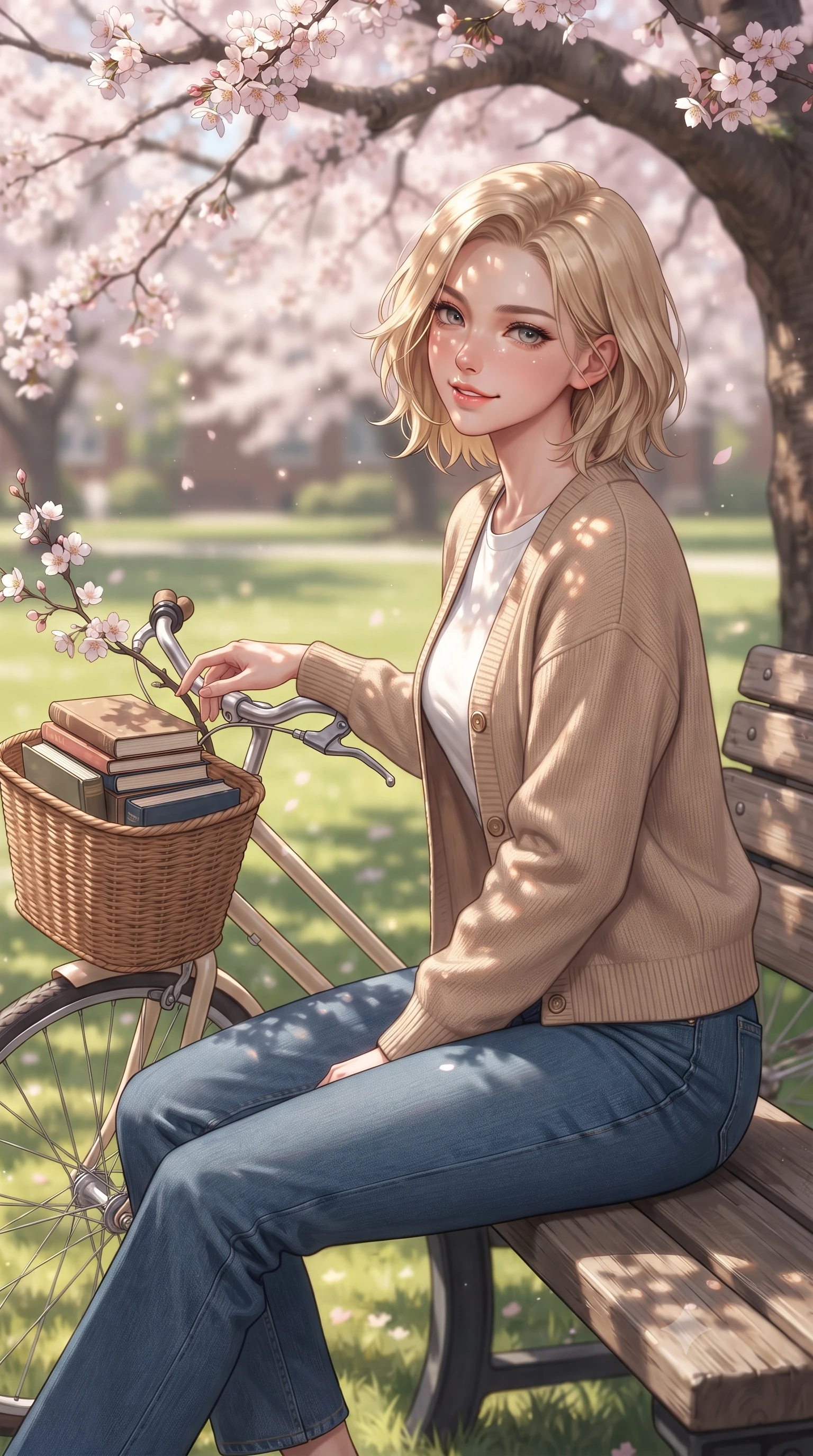 score_9, masterpiece, best quality, ultra-detailed, high-budget anime keyframe, editorial fashion photography, tasteful artistic composition, Caucasian woman. close-up cowboy shot from the waist and thighs up, the character dominates the composition, filling the frame with her large presence, background elements kept in soft focus. smiling with a playful and cute half-smile, glancing sidelong over her shoulder set against a soft-focus background of sitting on a wooden bench under a large, blooming cherry blossom tree on a college campus lawn resting her hand on a bicycle handle with a basket full of books. She has an exceptionally elegant, slender, and willowy female figure with an ultra-slim waist, a gracefully sculpted slender torso, and a refined silhouette. sharp v-shaped jawline, high-bridge nose, intricate jewel-like eyes with depth, thick eyelashes, glossy lips with a natural sheen. wearing tailored cozy knit cardigan in beige, layered over a casual white tee and tailored blue denim pants. dappled sunlight creating beautiful light patterns on her skin and the ground. ultra-reflective glossy finish, specular highlights, metallic sheen, high-contrast stereoscopic depth, volumetric dynamic lighting, 2k, ultra detail, master piece, 9:16 ratio