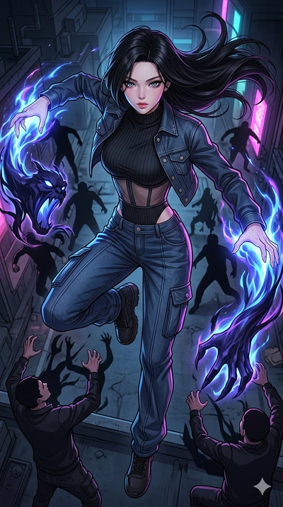 score_9, masterpiece, best quality, ultra-detailed, high-budget anime movie keyframe, cinematic anime lighting, intricate line art, Korean woman. Extreme high angle shot as she leaps towards the camera, filling the frame. manipulating the shadows of 