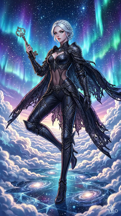 A mystical scene featuring a woman in ornate black armor standing on the shimmering floor of swirling galaxies. She holds a large, ancient silver key that glows with a faint blue light. Above her, brilliant green and purple auroras dance across the s