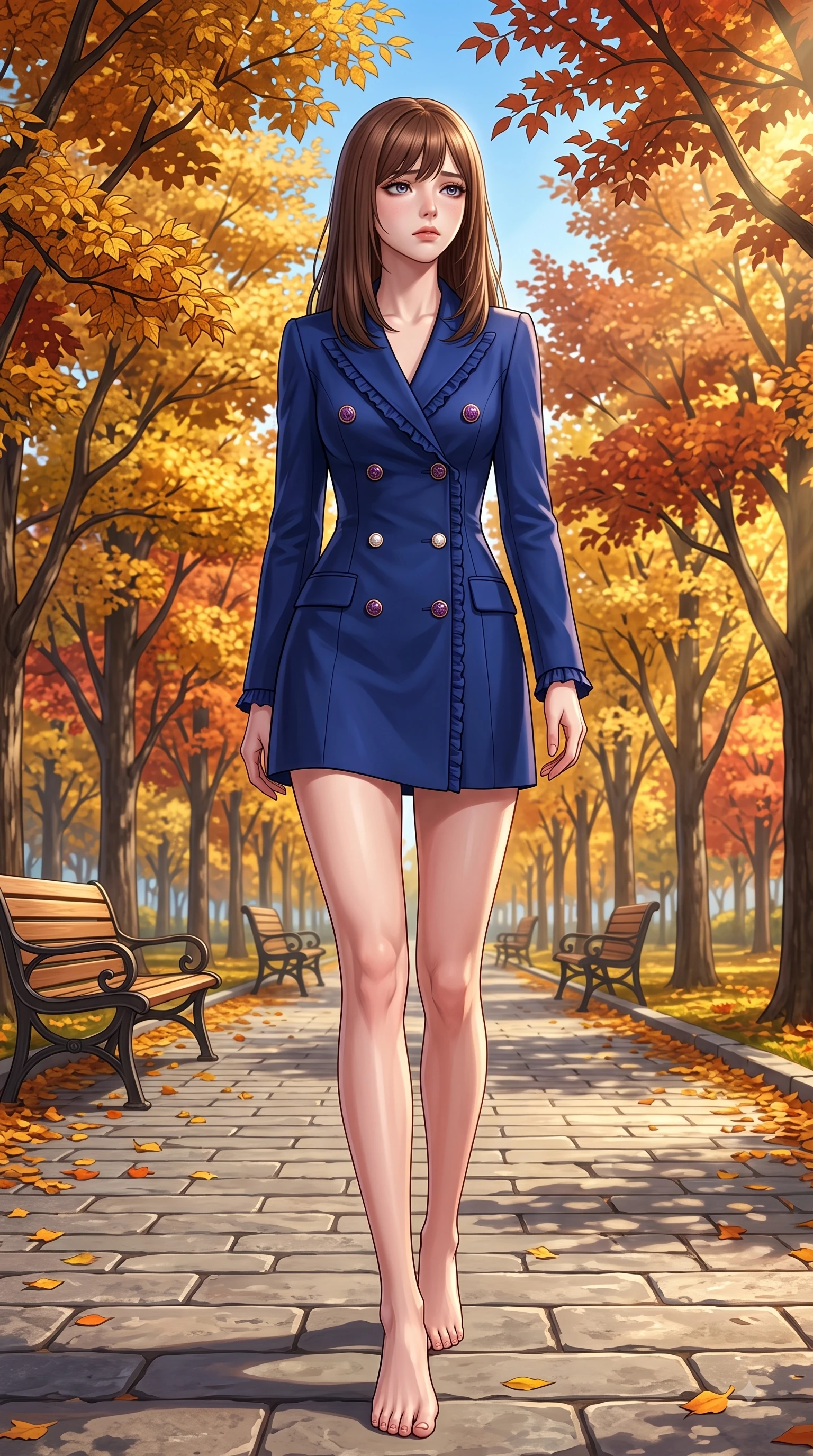 score_9, masterpiece, best quality, ultra-detailed, high-budget anime keyframe, editorial fashion photography, tasteful artistic composition, Korean woman. low angle full-body shot from head to toe showing her feet, filling the entire 9:16 vertical frame with her statuesque presence, stretching her vertical silhouette. Wistful sorrowful gaze looking distant with a delicate melancholy and emotional depth in her eyes while stepping along a paved park path flanked by vibrant autumn trees under a clear blue sky. The surrounding environment is rendered in vivid detail and crisp panoramic clarity. intricate leaf vein textures, classic wooden park benches, and stone park paths in sharp resolution. She has an absolutely perfect, statuesque 8.5-heads proportion, an exceptionally tall and slender model-like female figure with impossibly long slender legs and an ultra-slim waist. sharp v-shaped jawline, high-bridge nose, intricate jewel-like eyes with depth, thick eyelashes, glossy lips with a natural sheen, flawlessly proportioned anatomical accuracy, natural body alignment, perfectly sculpted elegant limbs, clean dynamic posture without body distortion. wearing a royal navy blue double-breasted blazer dress accented with gold crest buttons in deep amethyst purple and rose gold, tailored from crisp high-density cotton poplin, accented with delicate pearl buttons and refined ruffle trims, the form-contouring material accentuating her ultra-slim waist and long lines. bathed in brilliant golden autumn sunlight and warm tree canopy backlighting. highly saturated vibrant anime colors, detailed shading with soft gradients, rich glossy textures, high-contrast stereoscopic depth, volumetric dynamic lighting, master piece, 9:16 ratio