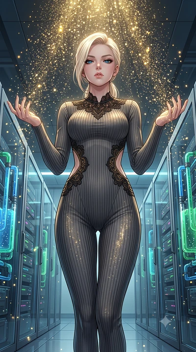 score_9, masterpiece, best quality, ultra-detailed, High-budget Anime Keyframe, Caucasian woman, strictly human ears. Low angle cowboy shot filling the entire 9:16 frame with her statuesque presence. Scenario 335: showering under a cascade of glitter