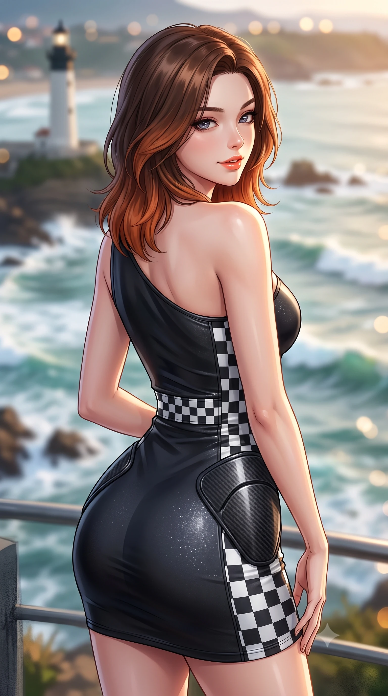score_9, masterpiece, best quality, ultra-detailed, high-budget anime keyframe, semi-realistic 3D game render, editorial fashion photography, tasteful artistic composition, Korean woman. close-up cowboy shot from the waist and thighs up, the character dominates the composition, filling the frame with her large presence. posing in an alluring rear three-quarter angle, turning over a bare shoulder with an intoxicating gaze, her hips cocked back to highlight her slim hourglass curve against the paddock lights while standing at the cliffside court fence high above crashing Atlantic rollers, arching her back with dynamic athletic grace. The background shows a soft-focus the dramatic rolling Atlantic surf breaking over coastal rocks and the historic Biarritz lighthouse blurred into seafoam, aquamarine, and amber bokeh. She has an exceptionally elegant, slender, and willowy female figure with an ultra-slim waist, flat toned midriff, narrow ribcage, and sculpted feminine hips creating an alluring, slim hourglass silhouette without bulk. sharp v-shaped jawline, high-bridge nose, sparkling eyes with athletic focus and depth, thick curled eyelashes, glossy parted lips with a natural coral-peach sheen, bright confident and coquettish smile with alluring bedroom-eyes, exuding both youthful sporty vigor and sovereign high-society glamour, flawlessly proportioned anatomical accuracy, strict slender model proportions, natural body alignment, perfectly sculpted long slender limbs, ultra-slim waistline, clean dynamic posture without body distortion. wearing an asymmetric one-shoulder metallic racing mini dress with checkered flag embroidery hugging her narrow waist and hips in matte obsidian black and checkered flag white, woven from metallic lurex and technical nylon with subtle starlight glints, accented with sleek aerodynamic carbon-fiber hip pads framing her narrow waist, the liquid-tight tailored fabric clinging flawlessly to her narrow waist and rounded feminine hips, emphasizing every millimeter of her sculpted slim hourglass curves without any bulky heaviness. illuminated by ocean surf bounce fill and sharp warm-gold rim lights defining her razor-sharp jawline, narrow waist, and curvy hips. highly saturated vibrant anime colors, detailed shading with soft gradients, rich glossy textures, high-contrast stereoscopic depth, volumetric dynamic lighting, master piece, 9:16 ratio