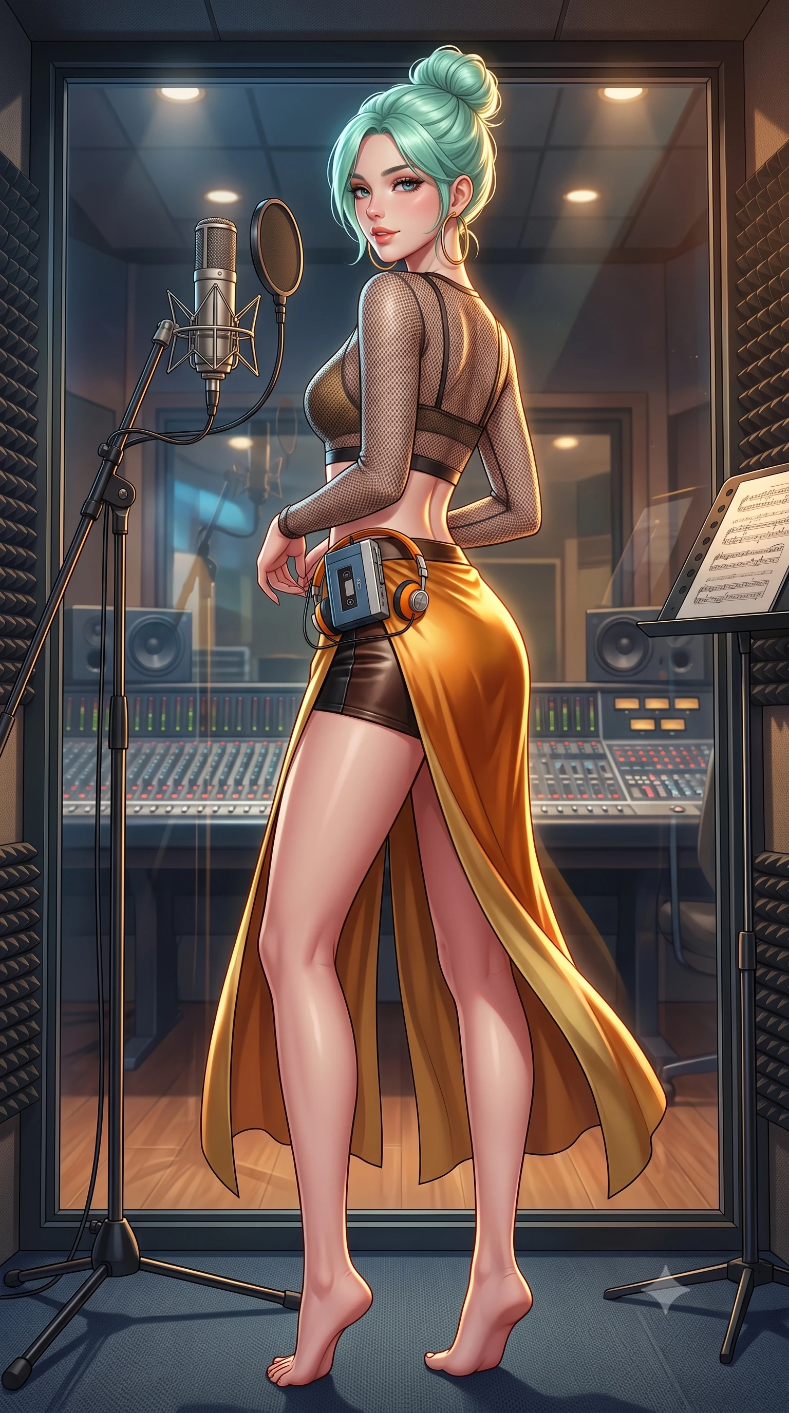 score_9, masterpiece, best quality, ultra-detailed, high-budget anime keyframe, semi-realistic 3D game render, editorial fashion photography, tasteful artistic composition, Japanese woman. low angle full-body shot from head to toe showing her feet, filling the entire 9:16 vertical frame with her statuesque presence, stretching her vertical silhouette. executing a slow, graceful pivot turn as her skirt sways around her slender legs, glancing back with an enchanting, teasing sensual expression while standing inside the soundproof glass vocal booth holding a vintage condenser microphone, arching her back with passionate siren allure. The surrounding environment is rendered in vivid detail and crisp panoramic clarity: detailed sheer mesh crop top weave, gold hoop earring shine, and professional recording studio craftsmanship in razor-sharp precision. She has an absolutely perfect, statuesque 8.5-heads proportion, an exceptionally tall and slender model-like female figure with impossibly long slender legs, an ultra-slim waist, a flat toned midriff, narrow delicate ribcage, and beautifully sculpted feminine hips creating a graceful, slim hourglass silhouette without any bulky heaviness. sharp v-shaped jawline, high-bridge nose, sparkling eyes with hypnotic seductive depth, thick curled eyelashes, glossy parted lips with a natural dewy peach sheen, alluring bedroom-eyes with an enchanting coquettish smile, exuding magnetic siren charisma and sophisticated glamour, flawlessly proportioned anatomical accuracy, strict slender model proportions, natural body alignment, perfectly sculpted long slender limbs, ultra-slim waistline, clean dynamic posture without body distortion. wearing a sheer athletic mesh long-sleeve crop top layered over an opaque strappy micro-bralette and tight leatherette shorts in warm amber honey and antique gold leaf, crafted from fluid liquid silk satin that clings smoothly to every curve with a dewy sheen, complemented by a retro cassette walkman with vintage foam-padded orange headphones, the high-slit wrap tailoring accentuating her ultra-slim waistline and the enchanting curve of her feminine hips with alluring seductive charm. illuminated by mixing board reflection fill and sharp warm-gold rim lights sculpting her jawline, narrow waist, and curvy hips. highly saturated vibrant anime colors, detailed shading with soft gradients, rich glossy textures, high-contrast stereoscopic depth, volumetric dynamic lighting, master piece, 9:16 ratio