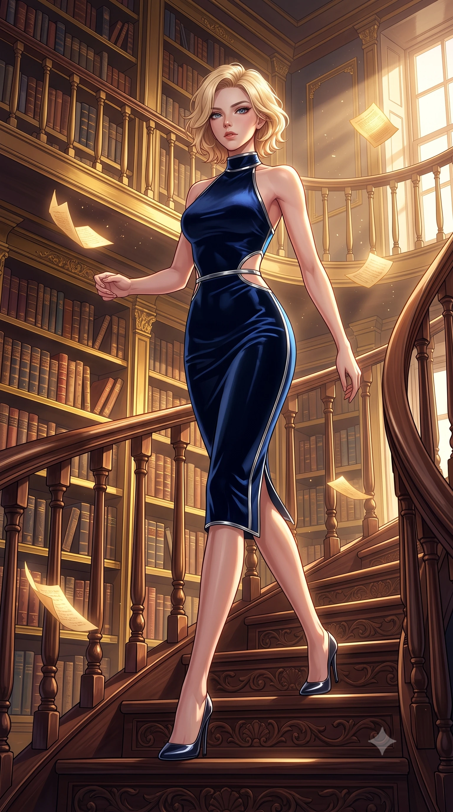 score_9, masterpiece, best quality, ultra-detailed, high-budget anime keyframe, editorial fashion photography, tasteful artistic composition, Caucasian woman. low angle full-body shot from head to toe showing her feet, filling the entire 9:16 vertical frame with her statuesque presence, stretching her vertical silhouette. forging dynamically through the scene, her vertical silhouette beautifully stretched standing on a carved mahogany spiral staircase in a grand multi-story library, thousands of antique leather-bound books stacked along majestic golden shelves. She has an absolutely perfect, statuesque 8.5-heads proportion, an exceptionally tall and slender model-like female figure with impossibly long slender legs and an ultra-slim waist. sharp v-shaped jawline, high-bridge nose, intricate jewel-like eyes with depth, thick eyelashes, glossy lips with a natural sheen. wearing a velvet halter-neck midi dress following her form like a glove in midnight navy blue and chrome trim, formed from sleek second-skin neoprene, featuring subtle geometric cutouts that highlight her ultra-slim midriff, the form-contouring material highlighting her ultra-slim waist and long lines. bathed in warm dusty sunbeams and golden inner glow from floating pages. highly saturated vibrant anime colors, detailed shading with soft gradients, rich glossy textures, high-contrast stereoscopic depth, volumetric dynamic lighting, master piece, 9:16 ratio