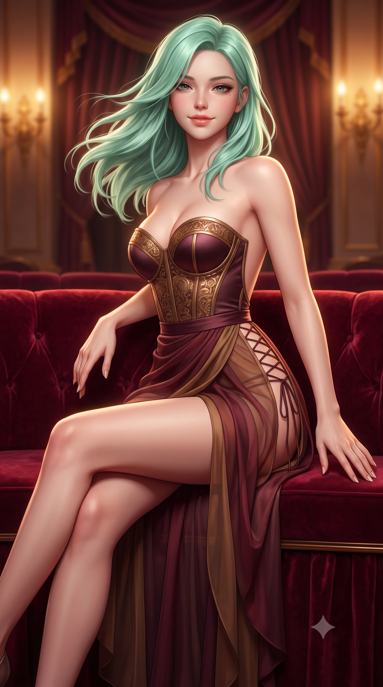 score_9, masterpiece, best quality, ultra-detailed, high-budget anime keyframe, semi-realistic 3D game render, editorial fashion photography, tasteful artistic composition, Japanese woman. close-up cowboy shot from the waist and thighs up, the character dominates the composition, filling the frame with her large presence. turning slowly with an enchanting smoldering smile, her glossy hair tossing in the breeze as her hips angle gracefully in a captivating contrapposto while lounging across the crimson velvet royal box seating with legs crossed, arching her lower back with sovereign high-society allure. The background shows a soft-focus velvet curtain drapery folds softened in intimate aristocratic shallow focus. She has an exceptionally elegant, slender, and willowy female figure with an ultra-slim waist, flat toned midriff, narrow ribcage, and sculpted feminine hips creating an alluring, slim hourglass silhouette without bulk. sharp v-shaped jawline, high-bridge nose, sparkling eyes with hypnotic seductive depth, thick curled eyelashes, glossy parted lips with a natural dewy peach sheen, alluring bedroom-eyes with an enchanting coquettish smile, exuding magnetic siren charisma and sophisticated glamour, flawlessly proportioned anatomical accuracy, strict slender model proportions, natural body alignment, perfectly sculpted long slender limbs, ultra-slim waistline, clean dynamic posture without body distortion. wearing a strapless boned satin corset bodice paired with a draped tulip ballet wrap skirt framing her hourglass curves in smoky bordeaux wine and gilded bronze, made of sheer gossamer chiffon that drapes softly against skin with airy translucence, finished with fine criss-cross lace-up side ties revealing tantalizing glimpses of her hip curve, the precision-cut side openings and low-back scoop framing her graceful spine and the sensual sweep of her slim, toned hips. bathed in warm amber light spilling from gilded sconces mixed with stage illumination bounce. highly saturated vibrant anime colors, detailed shading with soft gradients, rich glossy textures, high-contrast stereoscopic depth, volumetric dynamic lighting, master piece, 9:16 ratio