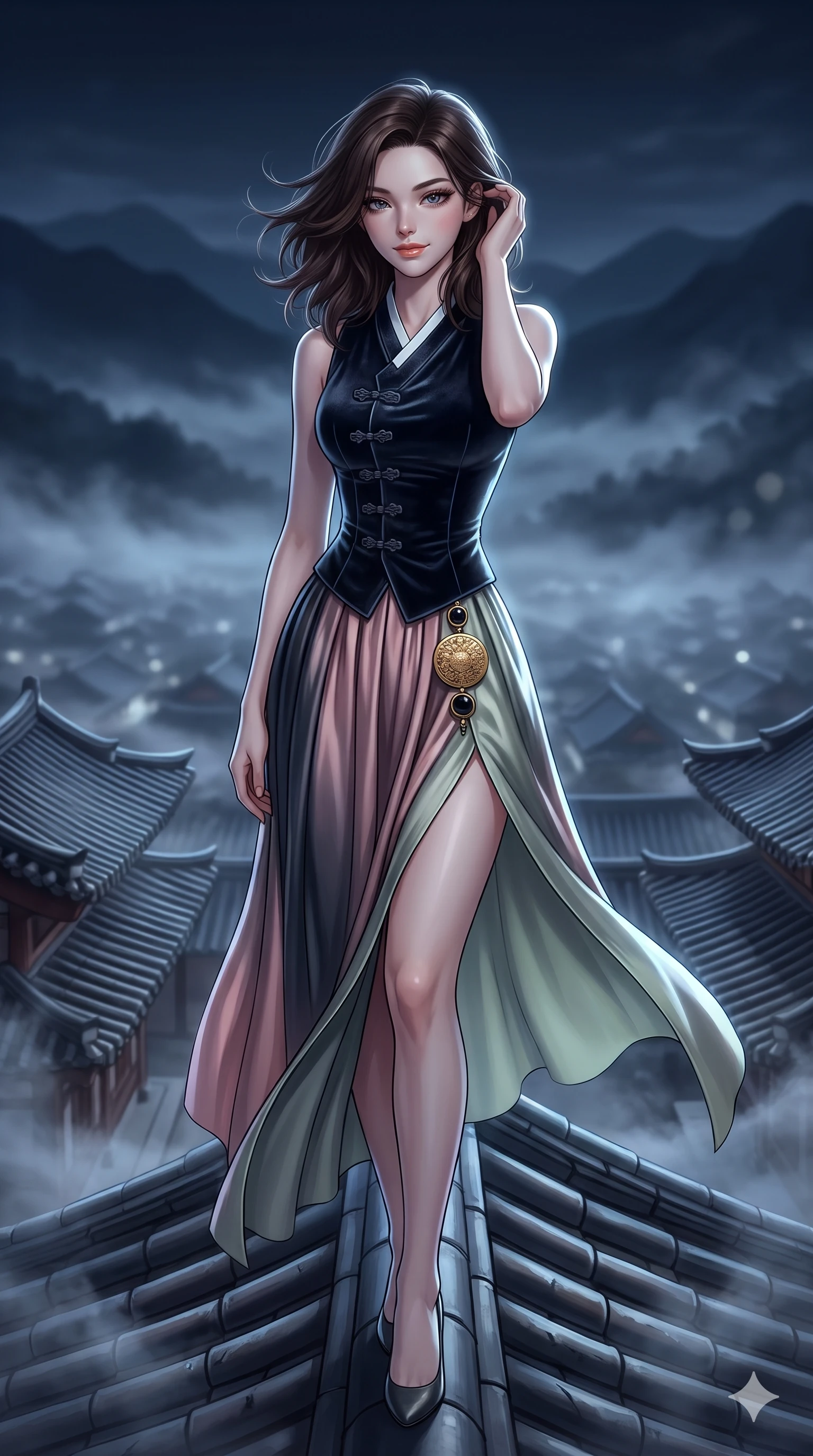 score_9, masterpiece, best quality, ultra-detailed, high-budget anime keyframe, semi-realistic 3D game render, editorial fashion photography, tasteful artistic composition, Korean woman. close-up cowboy shot from the waist and thighs up, the character dominates the composition, filling the frame with her large presence. gently brushing a lock of silk hair behind her ear while casting a playful, flirtatious side-gaze with long eyelashes while standing tall on the central roof ridge, arching her lower back with sovereign supermodel grace as midnight winds whip her garments open. The background shows a soft-focus repeating tiers of curved clay-tiled palace roofs, sea of nocturnal valley mist, and distant mountain silhouettes blurred into slate, indigo, and silver bokeh. She has an exceptionally elegant, slender, and willowy female figure with an ultra-slim waist, flat toned midriff, narrow ribcage, and sculpted feminine hips creating an alluring, slim hourglass silhouette without bulk. sharp v-shaped jawline, high-bridge nose, sparkling eyes with hypnotic seductive depth, thick curled eyelashes, glossy parted lips with a natural dewy peach sheen, alluring bedroom-eyes with an enchanting coquettish smile, exuding magnetic siren charisma and sophisticated glamour, flawlessly proportioned anatomical accuracy, strict slender model proportions, natural body alignment, perfectly sculpted long slender limbs, ultra-slim waistline, clean dynamic posture without body distortion. wearing a tailored silk velvet hanbok corset top paired with an ankle-length fluid chima skirt with a thigh-high slit in soft lotus rose and morning dew sage green, made of liquid dark mercury jersey with seamless sculpting hold and fluid drape, accented with an authentic engraved gold medallion and obsidian cabochons, the liquid-tight tailored fabric clinging flawlessly to her narrow waist and rounded feminine hips, emphasizing every millimeter of her sculpted slim hourglass curves without any bulky heaviness. illuminated by moonlit valley mist upward bounce and sharp silver-topaz rim lights defining her razor-sharp jawline, narrow waist, and curvy hips. highly saturated vibrant anime colors, detailed shading with soft gradients, rich glossy textures, high-contrast stereoscopic depth, volumetric dynamic lighting, master piece, 9:16 ratio