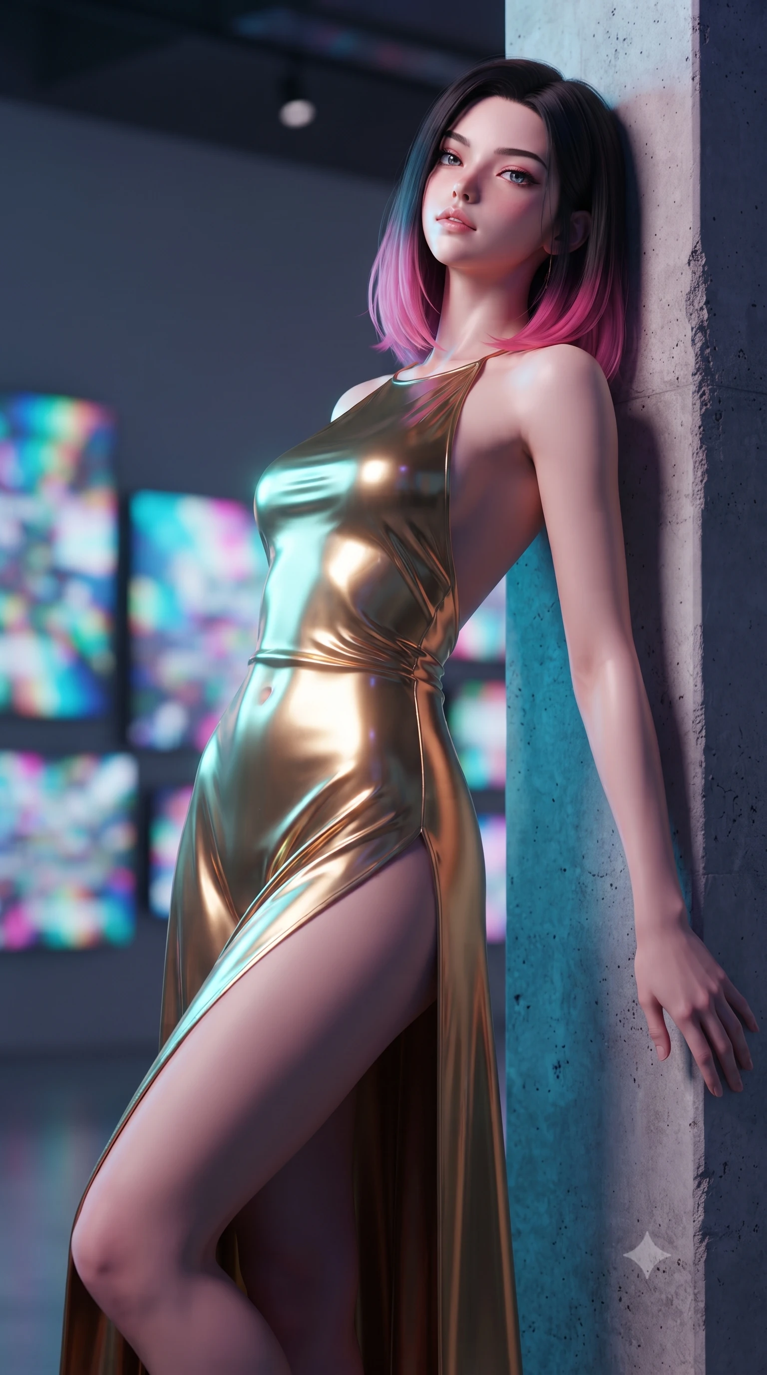 score_9, masterpiece, best quality, ultra-detailed, high-budget anime keyframe, editorial fashion photography, tasteful artistic composition, Korean woman woman. close-up cowboy shot from the waist and thighs up, the character dominates the composition, filling the frame with her large presence, background elements kept in soft focus. She has an exceptionally elegant, slender, and willowy female figure with an ultra-slim waist, a gracefully sculpted slender torso, and a refined silhouette. leaning back effortlessly against the surrounding architecture with an air of magnetic superiority, flawlessly proportioned anatomical accuracy, natural body alignment, perfectly sculpted elegant limbs, clean dynamic posture without body distortion. set against a soft-focus background of a high-end gallery with RGB noise digital canvas displays. wearing a backless metallic gold halter gown with a daring high side slit to mid-thigh. bathed in dynamic shifting RGB neon lights creating dramatic high-contrast rim light. ultra-reflective glossy finish, specular highlights, metallic sheen, high-contrast stereoscopic depth, volumetric dynamic lighting, 2k, ultra detail, master piece, 9:16 ratio