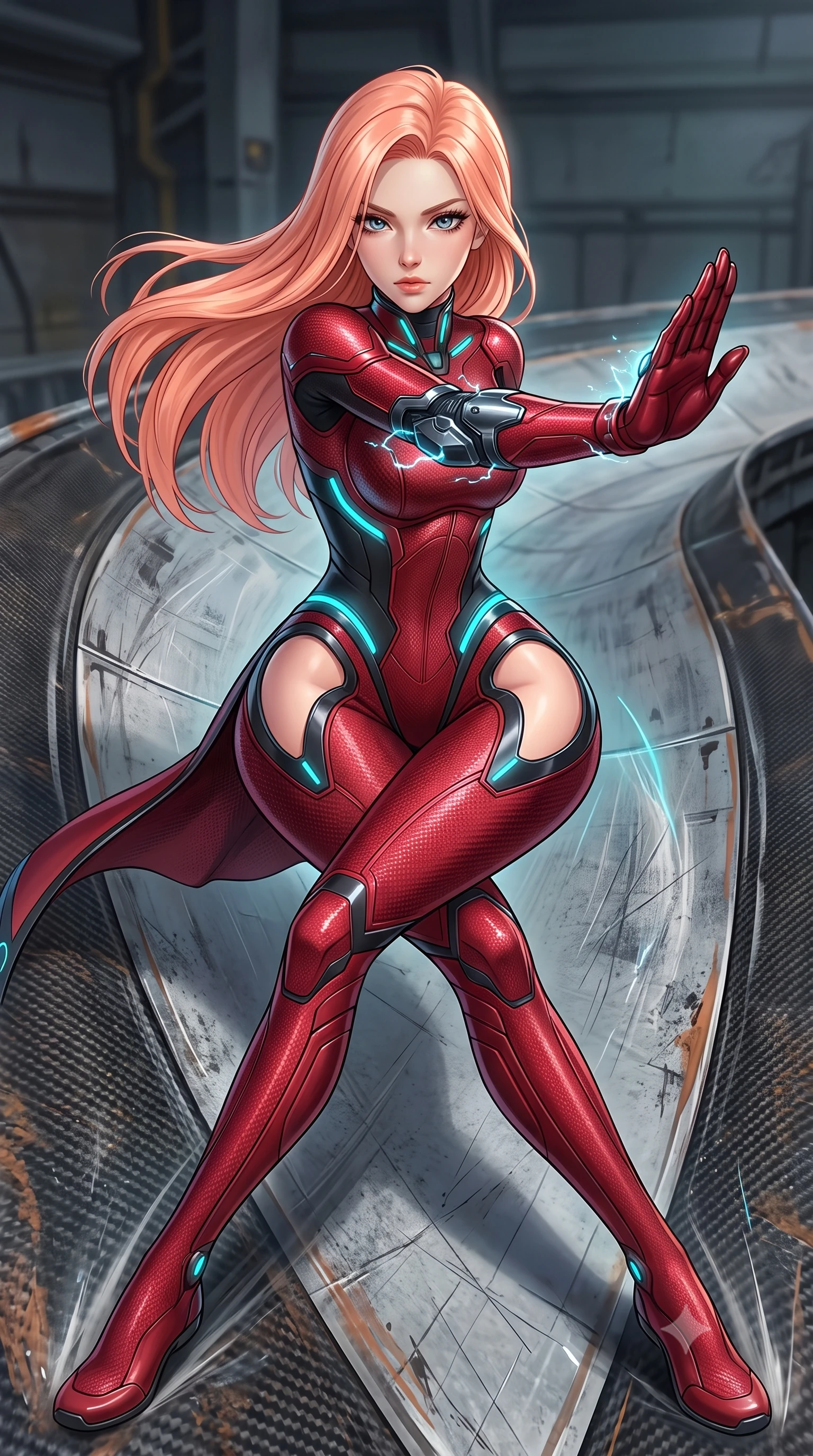 score_9, masterpiece, best quality, ultra-detailed, high-budget anime keyframe, semi-realistic 3D game render, editorial fashion photography, tasteful artistic composition, Japanese woman. close-up cowboy shot from the waist and thighs up, the character dominates the composition, filling the frame with her large presence. twisting her upper body in a dynamic S-curve martial arts stance, cybernetic elbow dampers emitting subtle electric sparks as she aims a focused palm strike while sliding along the banked track with effortless poise, her long slender legs extended in an agile low-profile drift. The surrounding environment is rendered in vivid detail and crisp panoramic clarity. sharp carbon-fiber armor weave, glowing kinetic knuckle damper coils, and scratched steel track plates in deep focus. She has an exceptionally elegant, slender, and willowy female figure with an ultra-slim waist, a gracefully sculpted slender torso, toned flat midriff, and a refined slim silhouette. sharp v-shaped jawline, high-bridge nose, intricate jewel-like eyes with depth, thick eyelashes, glossy lips with a natural sheen, flawlessly proportioned anatomical accuracy, strict slender model proportions, natural body alignment, perfectly sculpted long slender limbs, ultra-slim waistline, clean dynamic posture without body distortion. wearing a skin-tight crimson carbon-weave battle-suit with metallic dark chrome elbow dampers and hip-accentuating cutouts in matte obsidian carbon black with electric cyan conduits, made of lightweight aerodynamic carbon-titanium alloy with polished edge bevels, featuring a sleek aerodynamic collar framed by subtle glowing cybernetic status LEDs, the glove-like aerodynamic second-skin fit tightly clinging to her ultra-slender waist and athletic curves without adding bulk, accentuating her razor-sharp statuesque lines and slim hourglass silhouette. surrounded by an exhilarating, fierce, and breathtakingly stylish cyborg-warrior champion aura. rich saturated anime colors with glowing neon highlights, detailed shading with soft gradients, rich glossy textures, high-contrast stereoscopic depth, volumetric dynamic lighting, master piece, 9:16 ratio