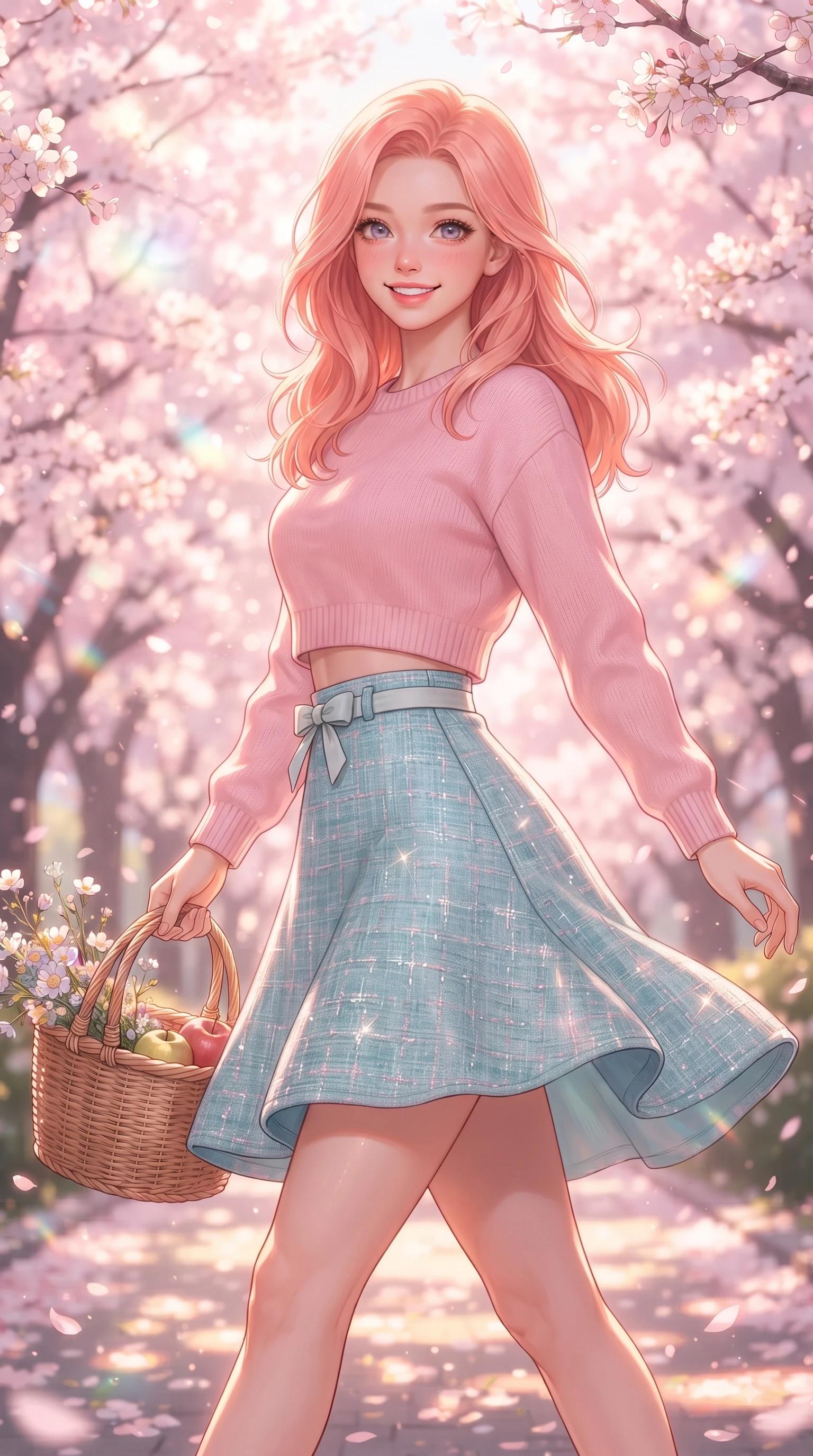 score_9, masterpiece, best quality, ultra-detailed, high-budget anime keyframe, editorial fashion photography, tasteful artistic composition, Japanese woman. close-up cowboy shot from the waist and thighs up, the character dominates the composition, filling the frame with her large presence. Gazing directly into the camera with a fresh, infectious smile as her torso curves dynamically in mid-stride while stepping along a sun-drenched park trail carrying a wicker basket with fresh youthful charm. The composition keeps background elements in soft focus with dreamy bokeh. dense cherry blossom canopies blurring into a dreamy, glowing pink and white bokeh backdrop. She has an exceptionally elegant, slender, and willowy female figure with an ultra-slim waist, a gracefully sculpted slender torso, and a refined silhouette. sharp v-shaped jawline, high-bridge nose, intricate jewel-like eyes with depth, thick eyelashes, glossy lips with a natural sheen, flawlessly proportioned anatomical accuracy, natural body alignment, perfectly sculpted elegant limbs, clean dynamic posture without body distortion. wearing a sweet baby-pink cropped knit sweater with a high-waisted denim A-line skirt in ocean turquoise and sea-salt white, tailored from soft pastel tweed with subtle metallic thread, accented with a dainty waist ribbon bow, the soft airy drape swaying gracefully with her dynamic movements. illuminated by soft glowing pink ambient light and clear sky refractions. ultra-reflective glossy finish, specular highlights, metallic sheen, high-contrast stereoscopic depth, volumetric dynamic lighting, 2k, ultra detail, master piece, 9:16 ratio