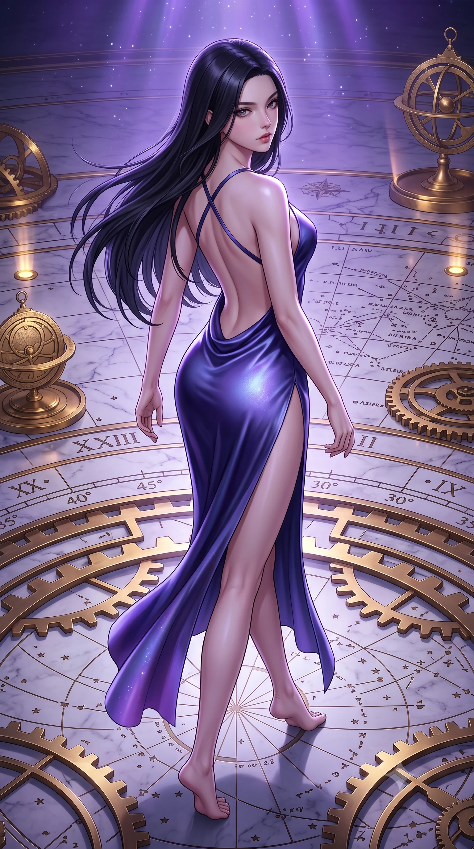 score_9, masterpiece, best quality, ultra-detailed, high-budget anime keyframe, semi-realistic 3D game render, editorial fashion photography, tasteful artistic composition, Korean woman. low angle full-body shot from head to toe showing her feet, filling the entire 9:16 vertical frame with her statuesque presence, stretching her vertical silhouette. posing with back turned slightly to the lens, glancing back with smoldering allure as she arches her lower back to emphasize her sculpted feminine hips and slender waist while striding across the illuminated marble star-chart floor, hips swaying with sovereign cosmic empress charisma. The surrounding environment is rendered in vivid detail and crisp panoramic clarity. sharp brass gear teeth, engraved celestial coordinate rings, and star map typography in deep focus. She has an absolutely perfect, statuesque 8.5-heads proportion, an exceptionally tall and slender model-like female figure with impossibly long slender legs, a toned flat midriff, an ultra-slim waist, and beautifully sculpted feminine hips. sharp v-shaped jawline, high-bridge nose, intricate jewel-like eyes with depth, thick eyelashes, glossy parted lips with a natural sheen, intensely captivating and seductive bedroom-eyes expression, flawlessly proportioned anatomical accuracy, strict slender model proportions, natural body alignment, perfectly sculpted long slender limbs, ultra-slim waistline, clean dynamic posture without body distortion. wearing a backless cowl-neck satin slip dress featuring high-cut side hip slits and delicate thin straps in deep nebula indigo and celestial starlight violet, tailored from ultra-smooth duchess satin with a pearlescent celestial sheen, finished with criss-cross back straps highlighting her graceful bare spine, the dramatically scooped open back descending to the base of her spine, accentuating her razor-sharp statuesque lines and curvy hourglass silhouette. bathed in cool violet nebula glow from above and warm golden brass indicator uplights. highly saturated vibrant anime colors, detailed shading with soft gradients, rich glossy textures, high-contrast stereoscopic depth, volumetric dynamic lighting, master piece, 9:16 ratio
